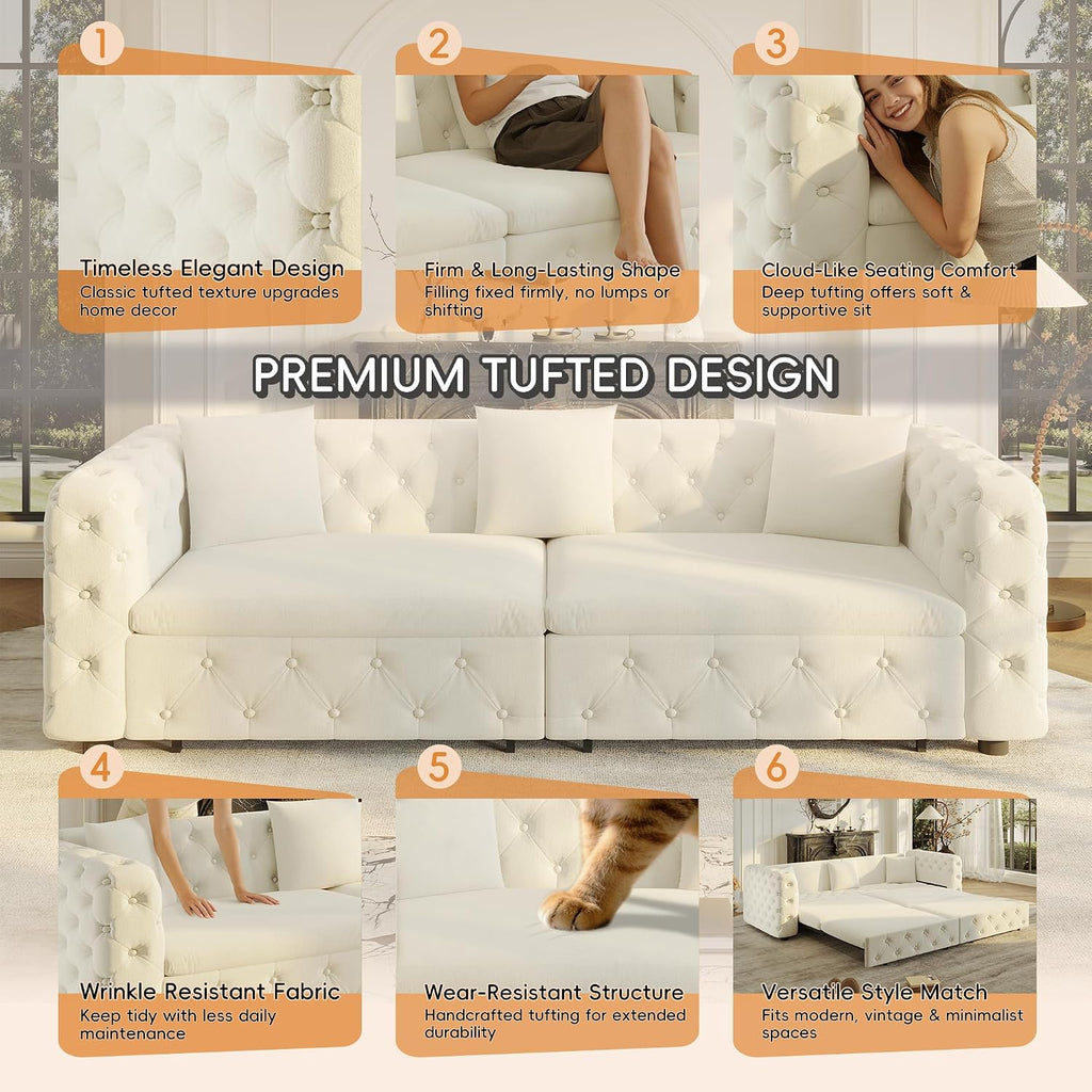 89' King Size Sleeper Sofa Bed, 3-in-1 Convertible Pull Out Chesterfield Sleeper Couch, Oversized Velvet Button Tufted Loveseat Sofa for Living Room Small Spaces, Beige White