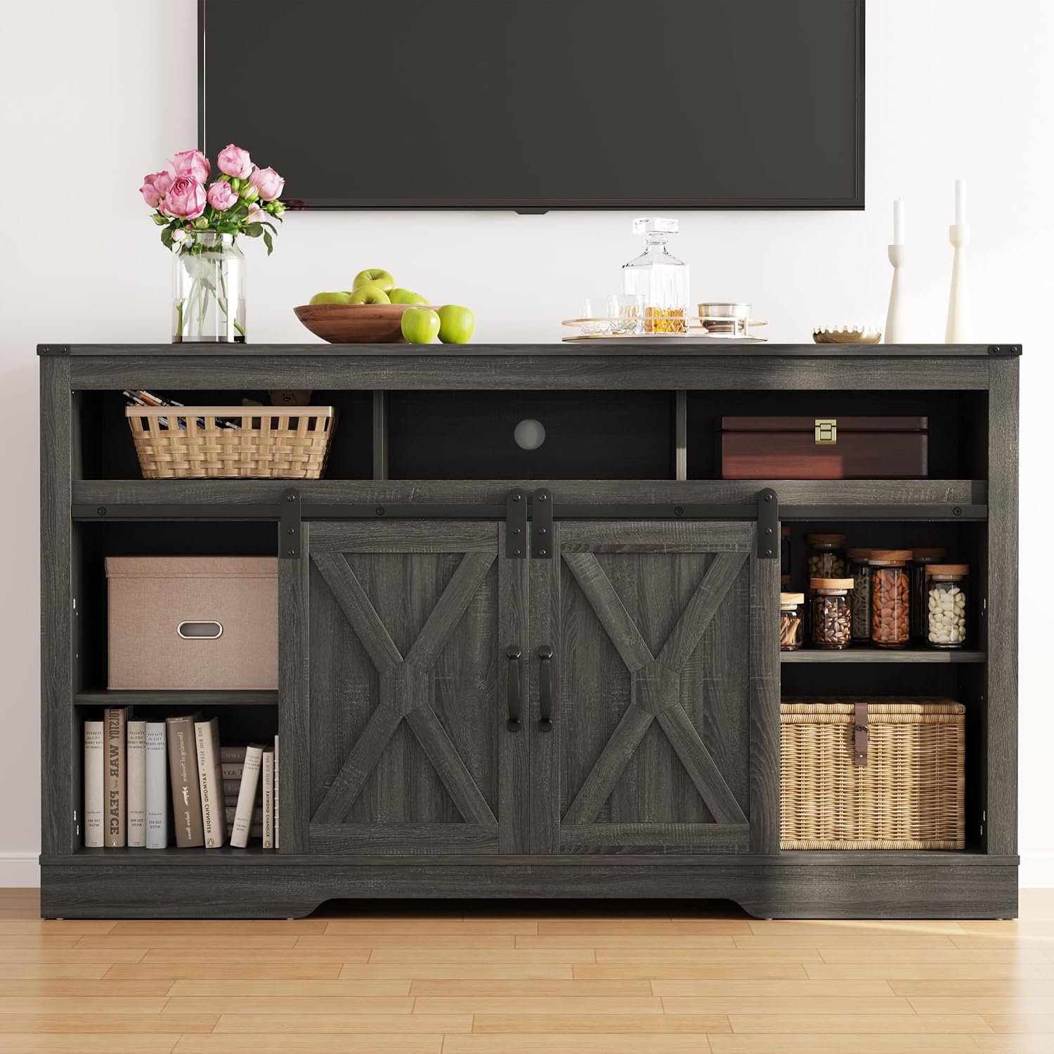 RoyalCraft Fireplace TV Stand for 65+ Inch TV, 34' Tall Farmhouse Entertainment Center with 23' Electric Fireplace,Rustic Media Console with Sliding Bar Door for Living Room, Grey