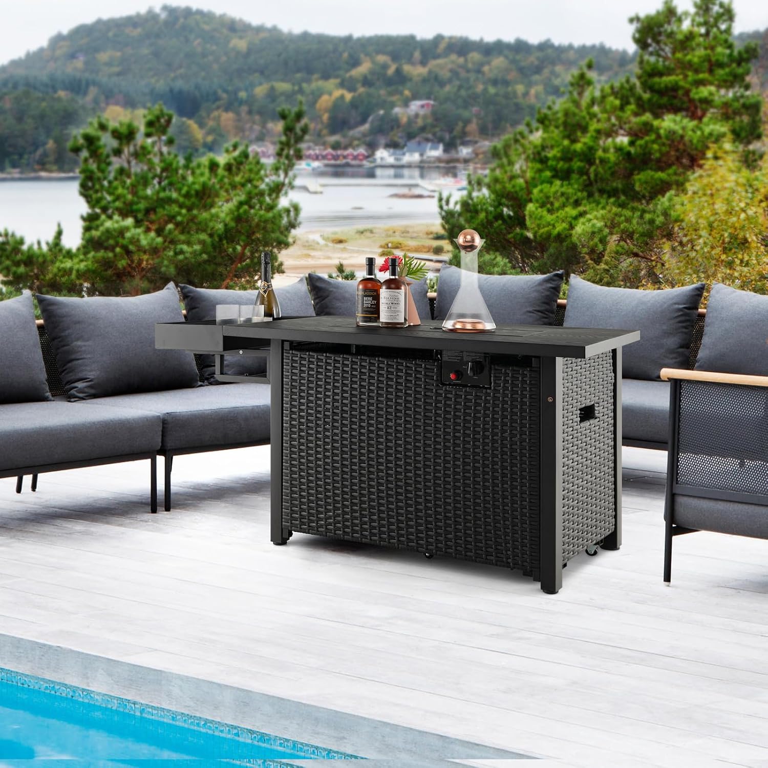 Tangkula Patio Propane Fire Pit Table, 52 Inch Wicker Gas Fire Pit with Wind Guard & Extended Shelf, 50,000 BTU Heat Output, Rectangular Fire Table with Blue Fire Stone & Waterproof Cover (Black)
