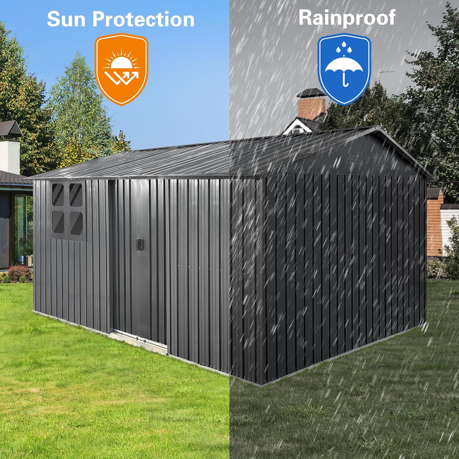 10ft x 12ft Metal Storage Shed - Outdoor Garden Shed with Sliding Door and Window, Large Bike Storage Container House, Sheds Outdoor Storage Solutions