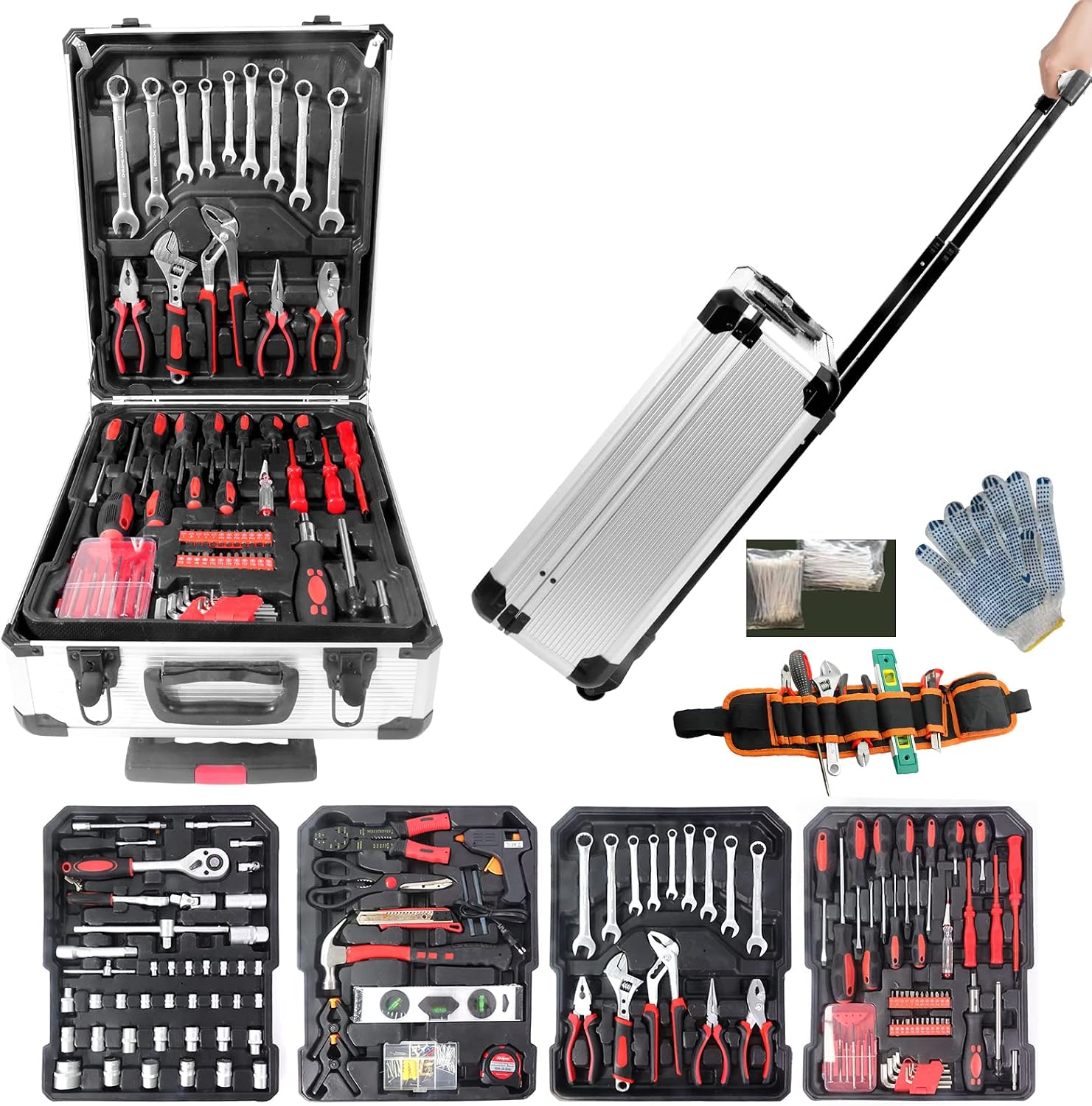 Tool Sets for Men, Tool Kit with Rolling, Complete Household Tool Set, Aluminum Trolley Case Tool Set,Tool kit as Gift on Father's Day