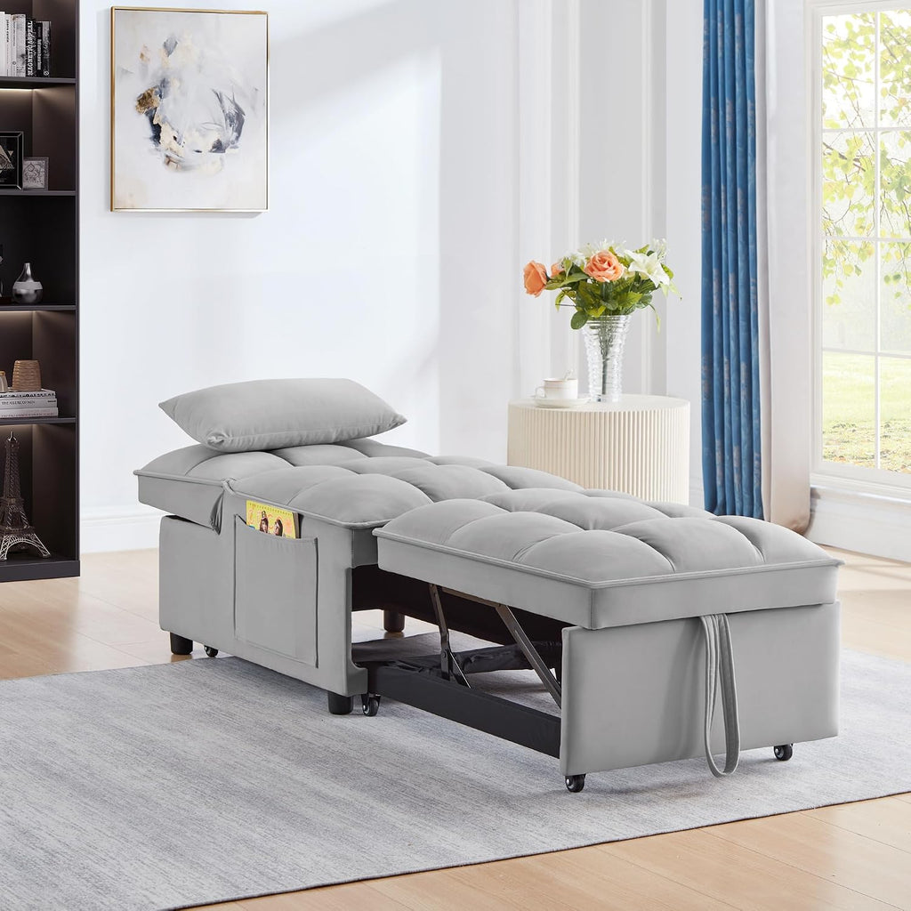 Ball & Cast 4 in 1 Convertible Sleeper Chair, Velvet Single Sofa Bed with Side Pockets,Pull Out Couch with Adjustable Backrest and Pillow, Multi-Function Chaise Lounge for Livingroom,Gray