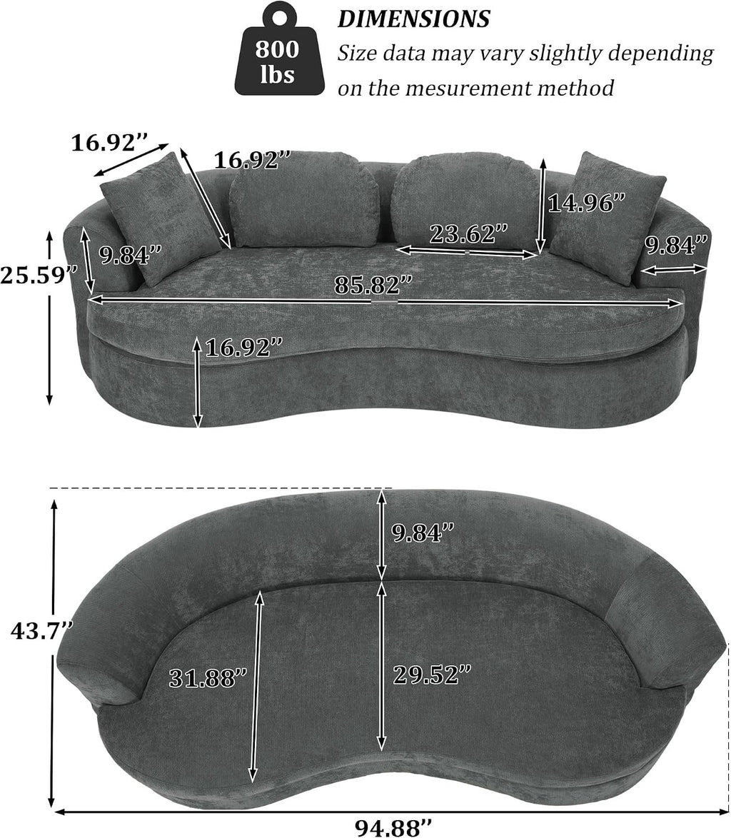 95' Modern Curved Sofa, Chenille Fabric Comfy Cloud Couch, No Assembly Required Half Moon Couch with Deep Seat, 4 Pillows for Living Room, Apartment, Bedroom