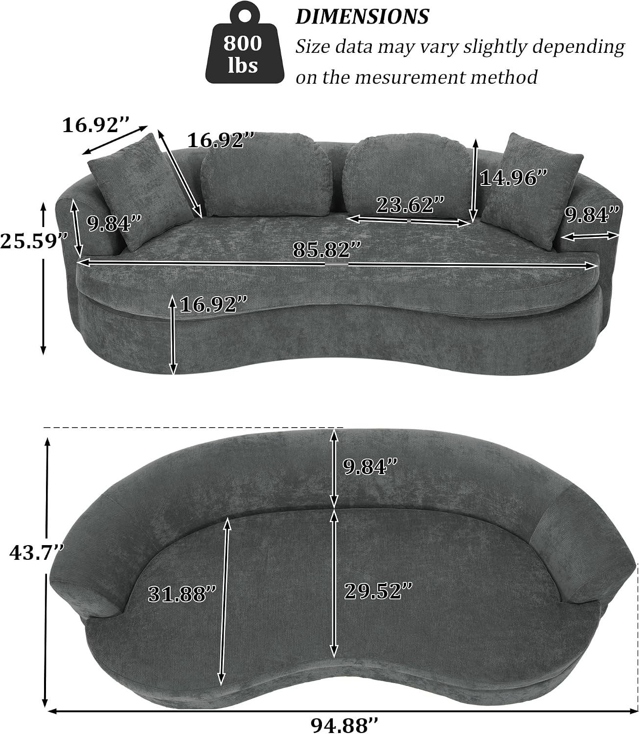 95' Modern Curved Sofa, Chenille Fabric Comfy Cloud Couch, No Assembly Required Half Moon Couch with Deep Seat, 4 Pillows for Living Room, Apartment, Bedroom