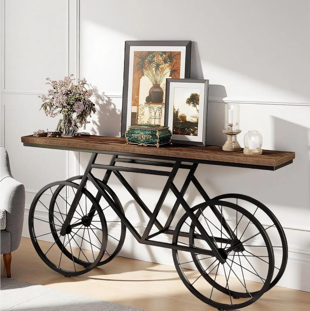 Tribesigns Extra Long Console Table, 70.9-Inch Narrow Sofa Table Behind Couch with Bicycle Metal Base, Industrial Entryway Table for Entrance, Hallway, Living Room, Brown