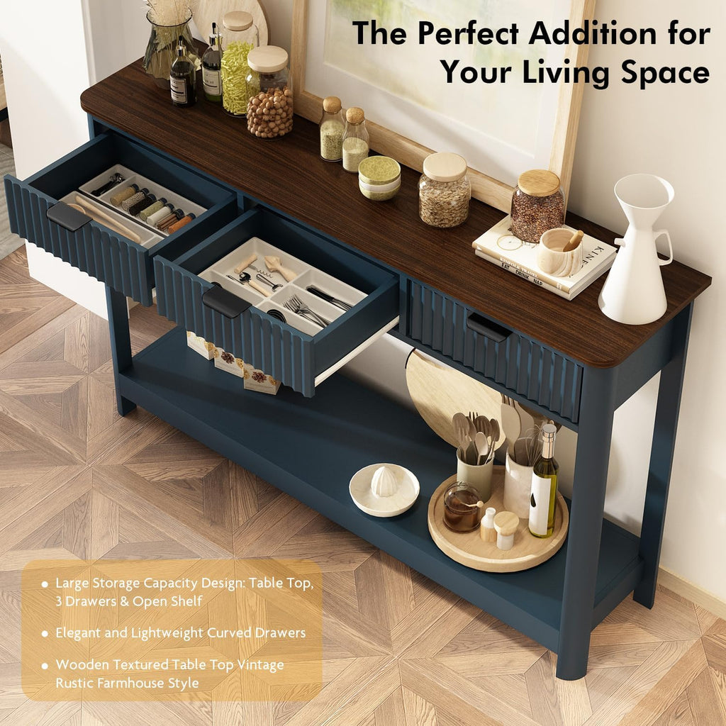 RUSTOWN Fluted Wood Console Table with 3 Drawers, 47.2' Modern Farmhouse Sofa Table & Entryway Table with Open Storage Shelf, Narrow Hallway Table for Living Room, Foyer and Hallway (Navy Blue)