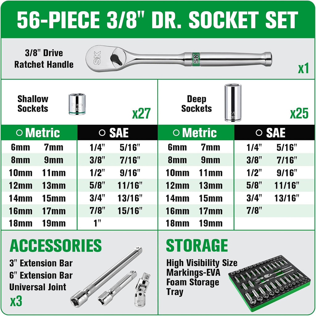 SK 3/8' Drive Socket Set with 90-Tooth Ratchet, 56-Piece, SAE & Metric, SuperKrome Finish, Premium CR-V Construction, with EVA Foam Tool Organizer