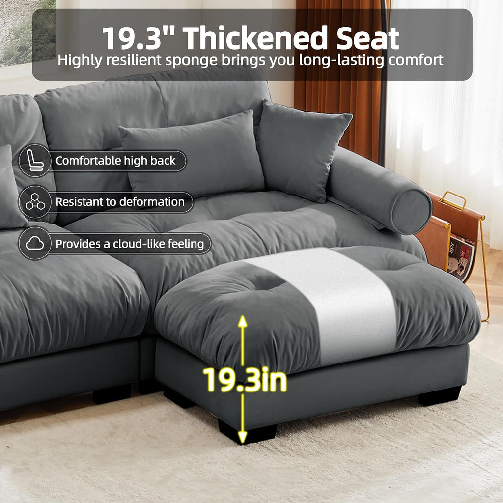 Loveseat Sofa 93.7' Modular Sectional Sofa, 2 Seater Modern Cloud L Shaped Couch, Oversized Sectional Couches for Living Room, Comfy Velvet Sofas Deep Seat Couch with 4 Pillows, Gray