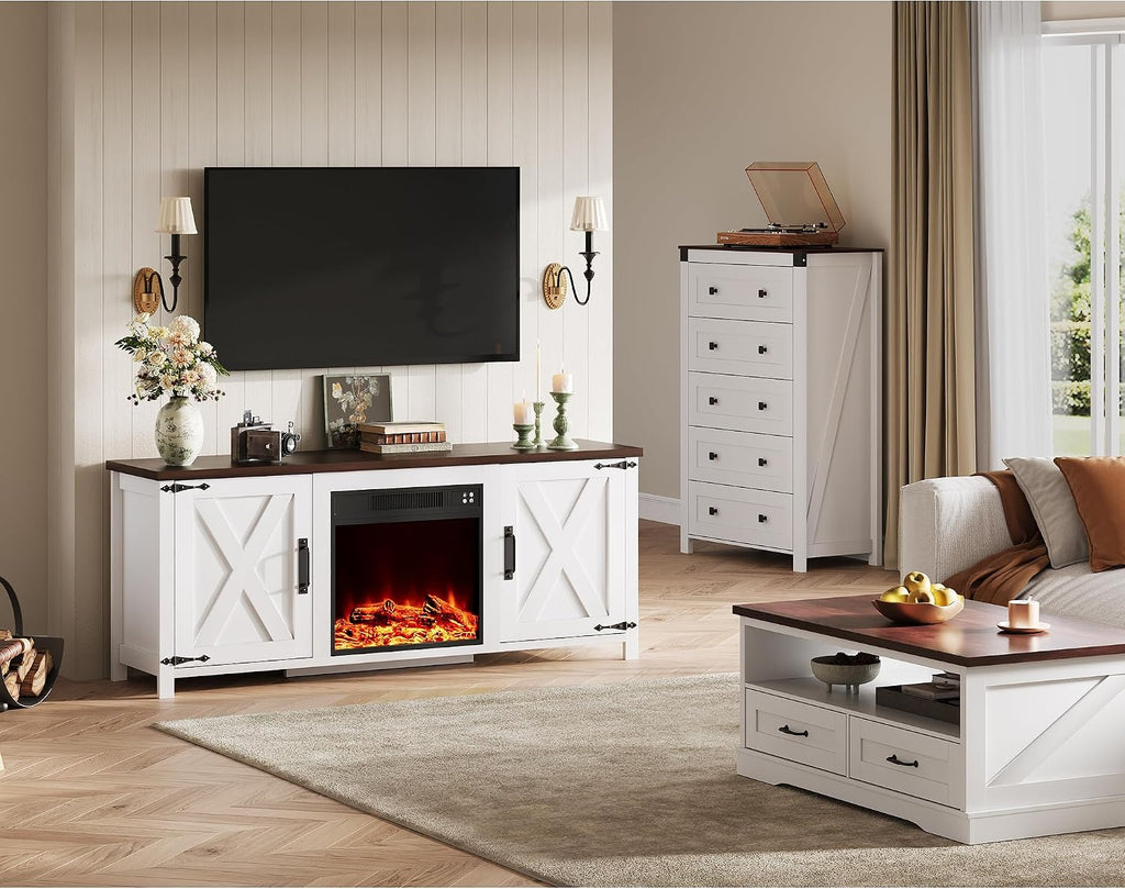 WLIVE Electric Fireplace TV Stand for TVs up to 65', Farmhouse Entertainment Center with X-Shaped Barn Doors & Storage Cabinets, Media TV Console for Living Room, Remote Control, White