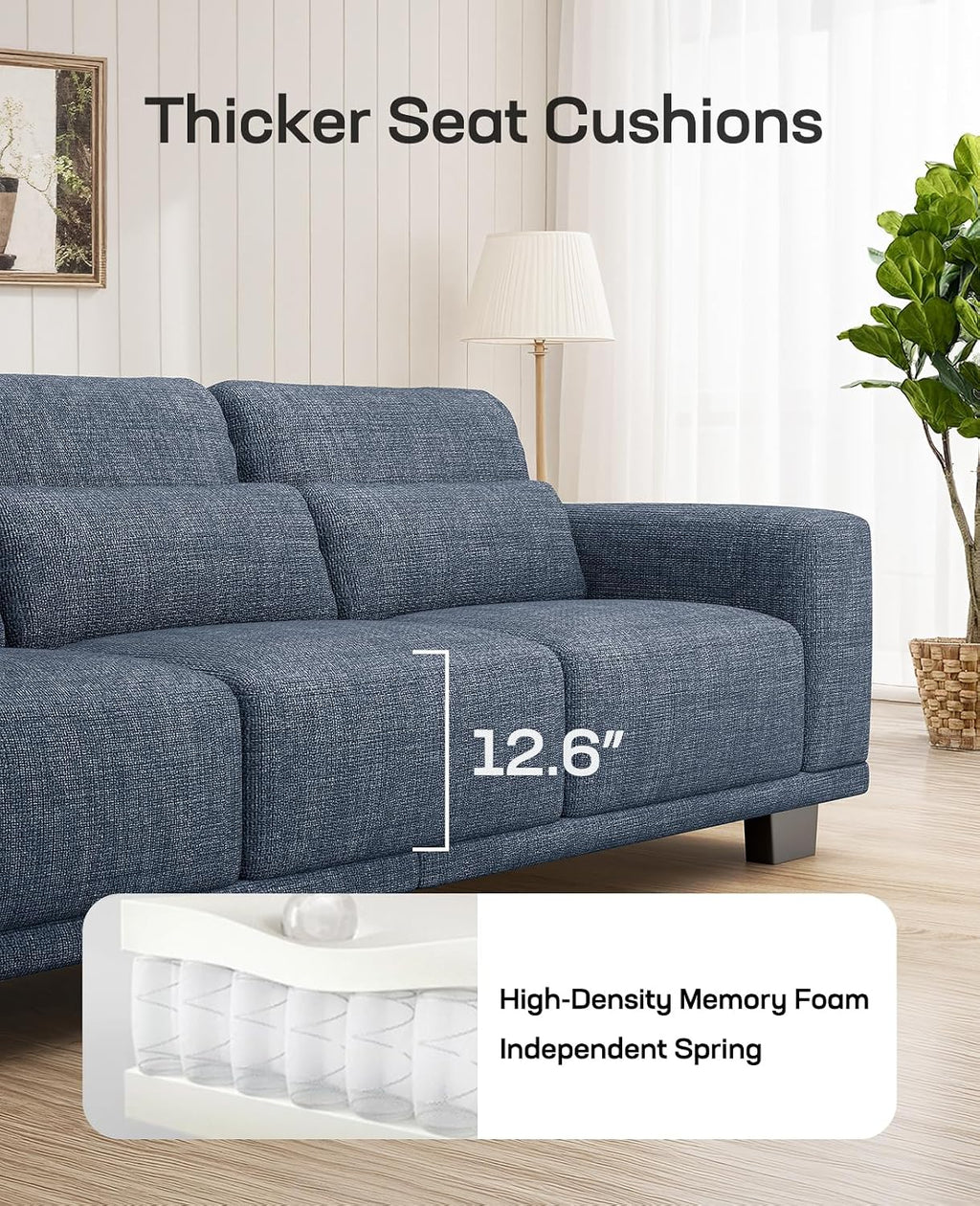 Marsail 40 Inch Modern Sofa, 1 Seater Upholstered Couch for Living Room, Comfy Linen Couches with Deep Seats for Office & Apartment, Blue