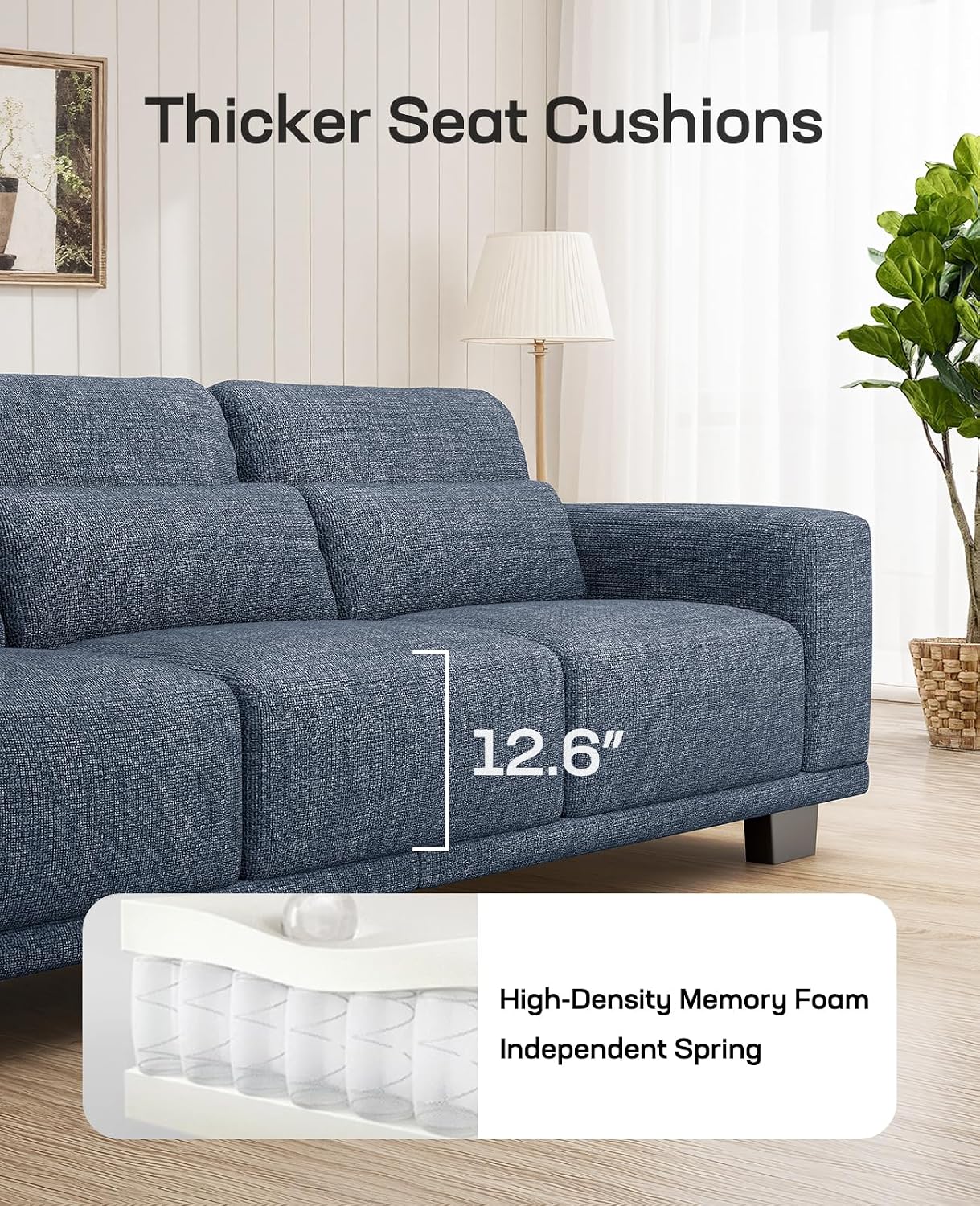Marsail 40 Inch Modern Sofa, 1 Seater Upholstered Couch for Living Room, Comfy Linen Couches with Deep Seats for Office & Apartment, Blue