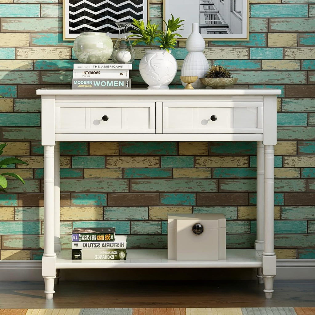 Merax Wood Sofa Table Console Table,Entryway Table Traditional Design with Two Drawers and Bottom Shelf for Living Room,Hallway,Dining Room,Lvory White