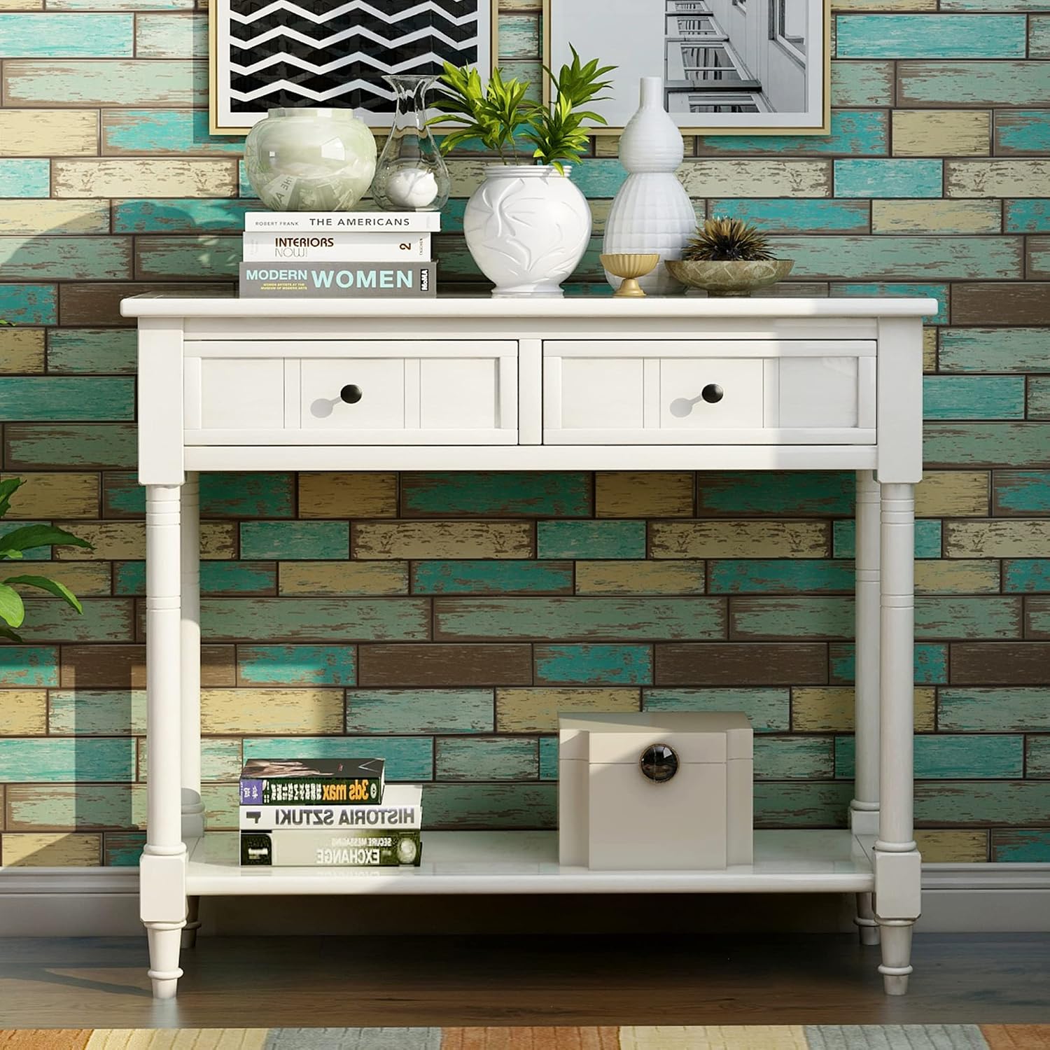 Merax Wood Sofa Table Console Table,Entryway Table Traditional Design with Two Drawers and Bottom Shelf for Living Room,Hallway,Dining Room,Lvory White