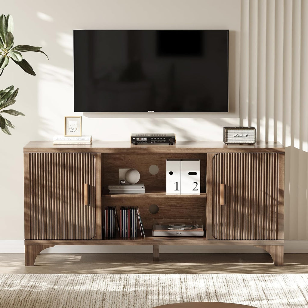 Tall Mid Century Modern TV Stands for 55/60/65 Inch TV Boho Media Console for Living Room Fluted TV Entertainment Center with Storage Wood Television Cabinet for Bedroom