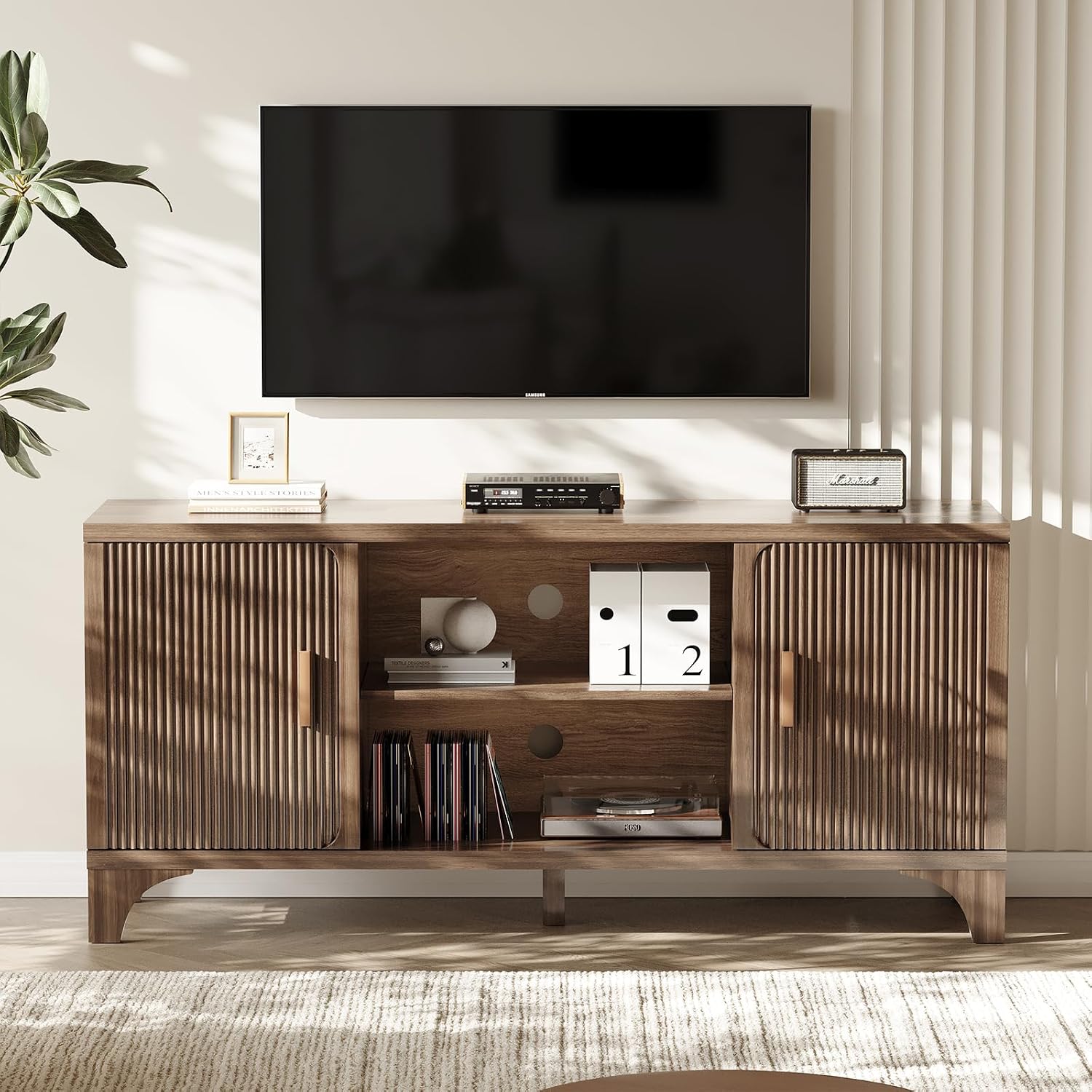 Tall Mid Century Modern TV Stands for 55/60/65 Inch TV Boho Media Console for Living Room Fluted TV Entertainment Center with Storage Wood Television Cabinet for Bedroom