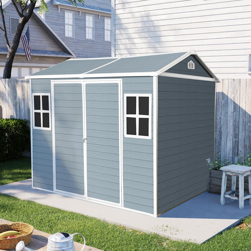 KEIKI 8x6 FT Outdoor Storage Shed Waterproof Resin Cabinet,Sloped Roof Polypropylene Frame with Two-Window and Double Lockable Door for Patio Furniture