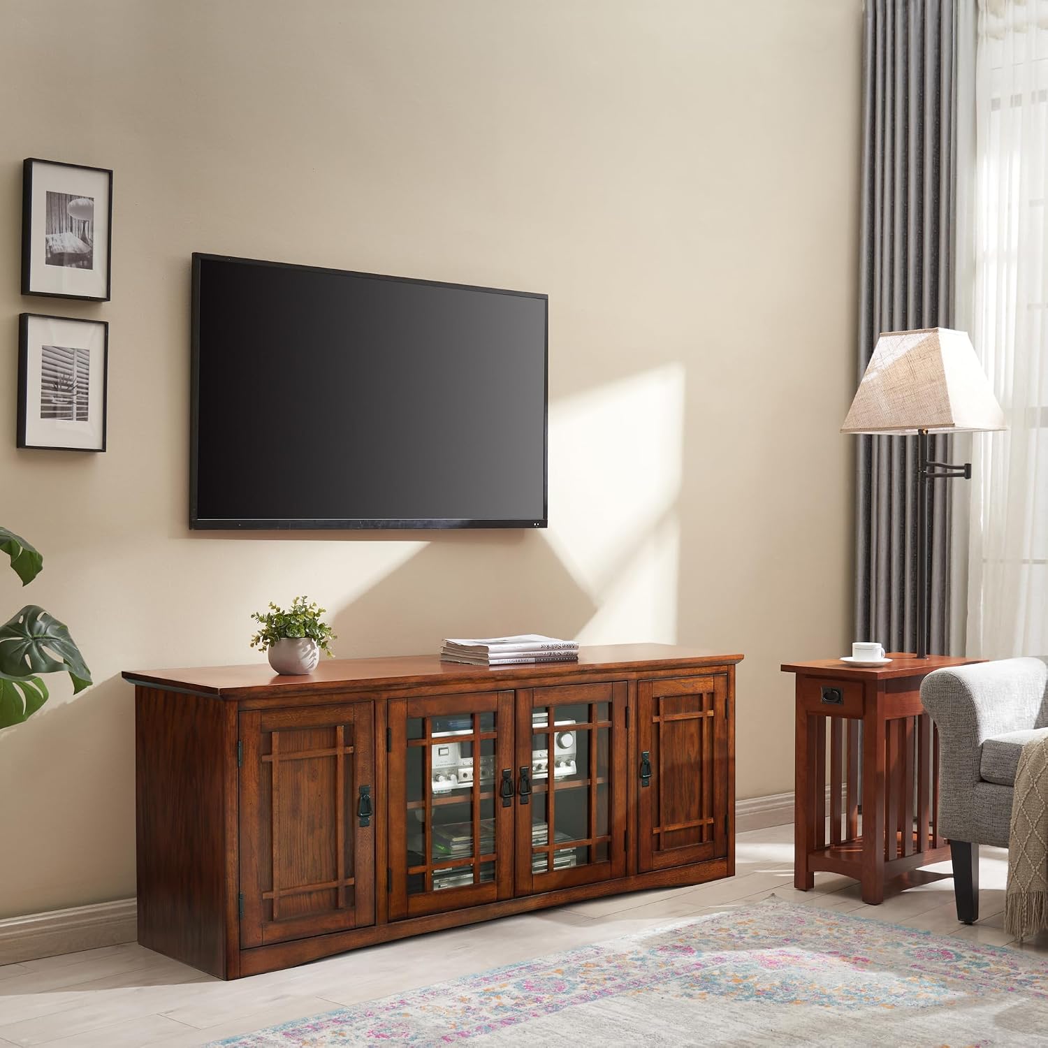 Leick Home 82360 Solid Wood Mission Oak Four Door TV Stand For 65' TVs Universal TV Console Living Room Storage Shelves Entertainment Center, Mission Oak