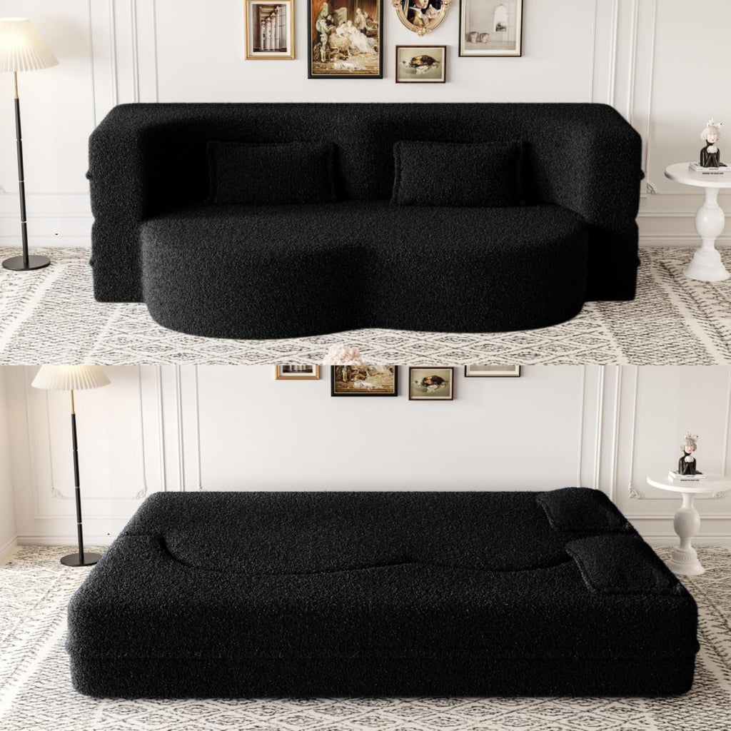 Ball & Cast 78' Floor Sofa Bed with 2 Pillows,Convertible Teddy Fabric Foam-Filled Sleeper Sofa Bed,Pull Out Couch Full Size Folding Mattress for Living Room,Playroom,No Assembly Required,Black