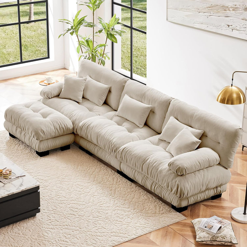 Modular Sectional Sofa 133.8' Cloud Couch, L Shaped Couch with Movable Ottoman, Modern Deep Seat Couches for Living Room, Oversized 3-Seater Sofa Comfy Chenille Sofas for Bedroom, Light Coffee