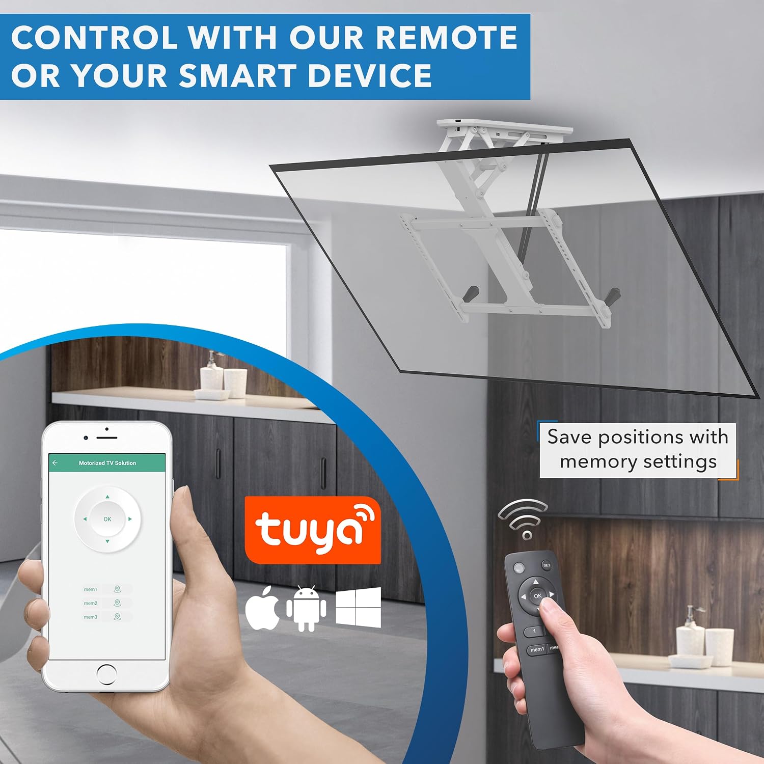 Mount-It! Electric Ceiling TV Mount with Remote and App Controller, Motorized Flip Down Fold Up Pitched Roof Mount Fits 32 to 70 Inch Flat Screen TVs, White