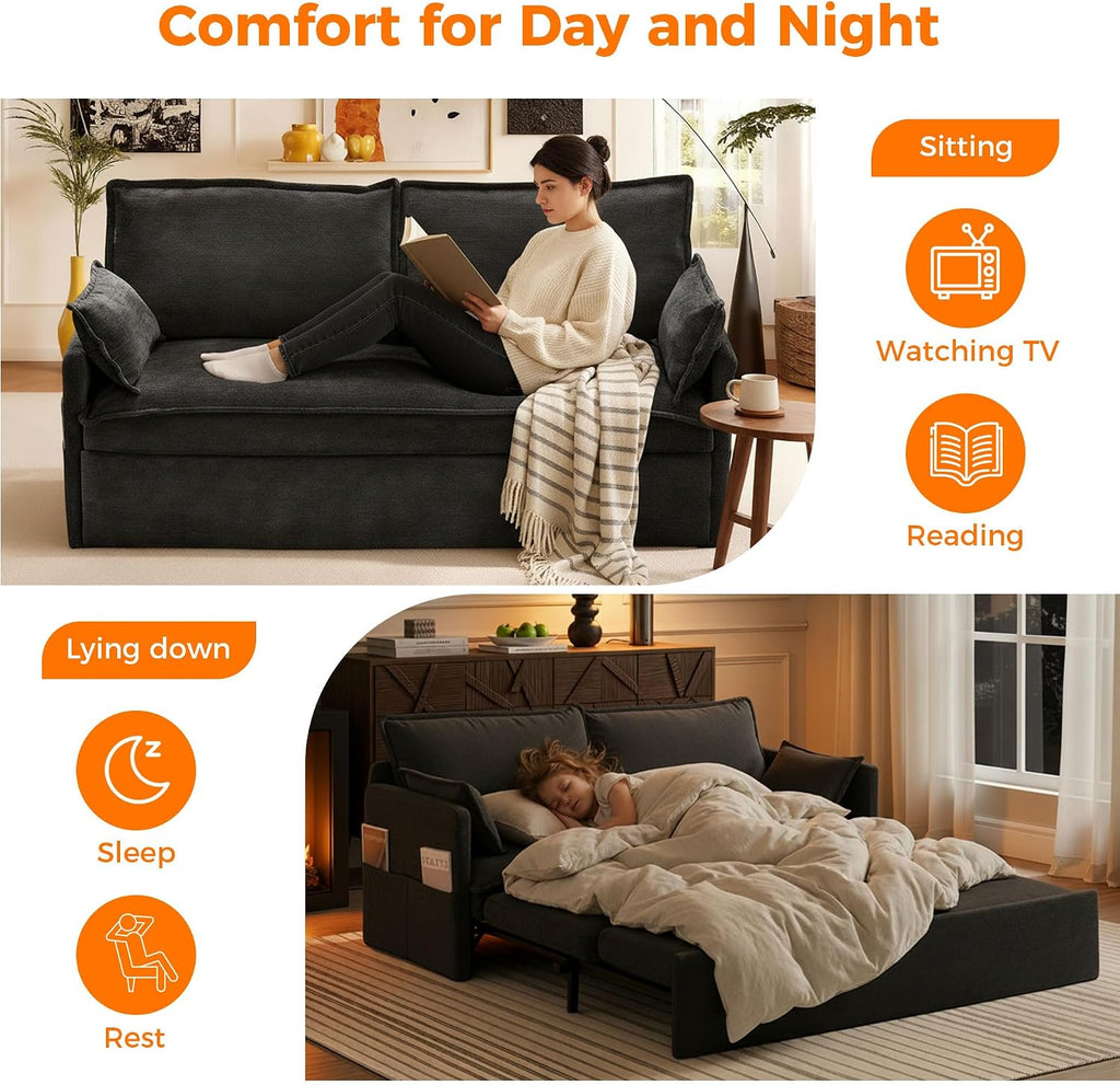 2 in 1 Queen Pull Out Sleeper Sofa Couch Bed-59.5'Convertible Sofabed with USB/C-Type Charging Ports,Chenille Sleeper Sofa with Side Pockets,Futon Couch for Living Room,Bedroom,Small Space,RV, Black