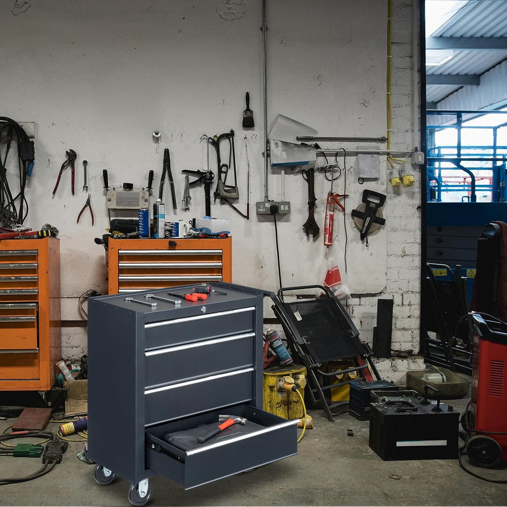 Metal Rolling Tool Box Organizer | Lockable Tool Chest with Wheels | Toolbox with 4 Sliding Drawers | Tool Storage Box Organizer for Garage Home Workshop & Tool Room