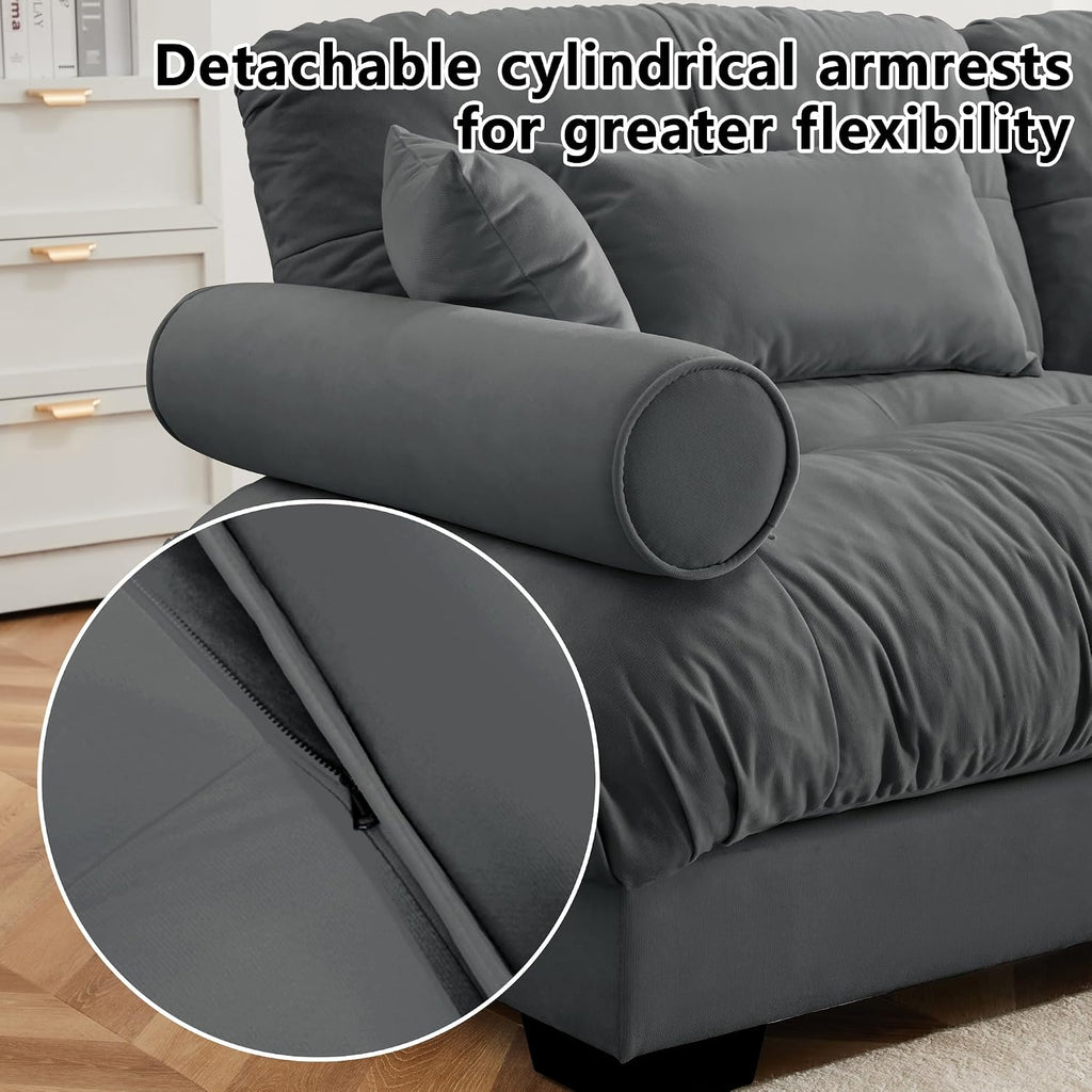 Loveseat Sofa 93.7' Modular Sectional Sofa, 2 Seater Modern Cloud L Shaped Couch, Oversized Sectional Couches for Living Room, Comfy Velvet Sofas Deep Seat Couch with 4 Pillows, Gray