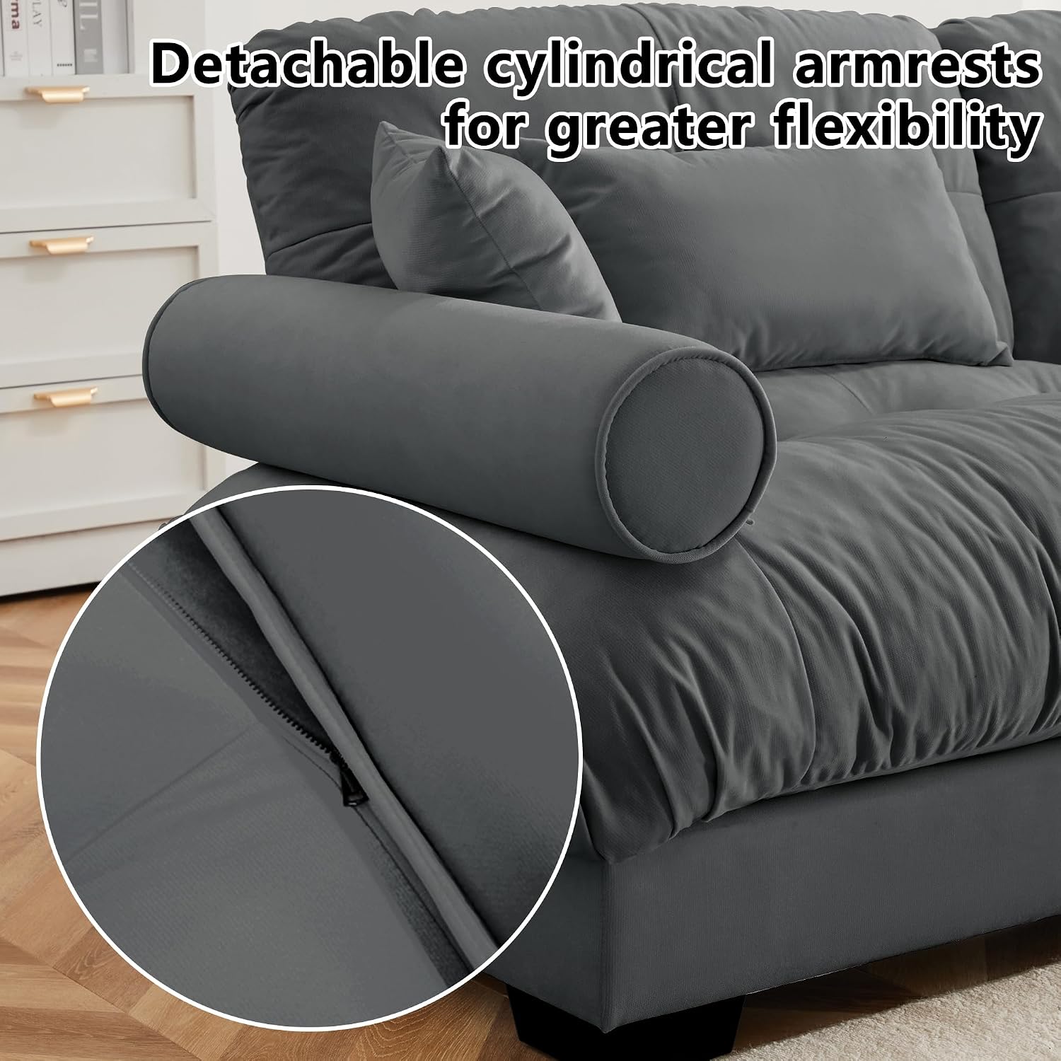 Loveseat Sofa 93.7' Modular Sectional Sofa, 2 Seater Modern Cloud L Shaped Couch, Oversized Sectional Couches for Living Room, Comfy Velvet Sofas Deep Seat Couch with 4 Pillows, Gray