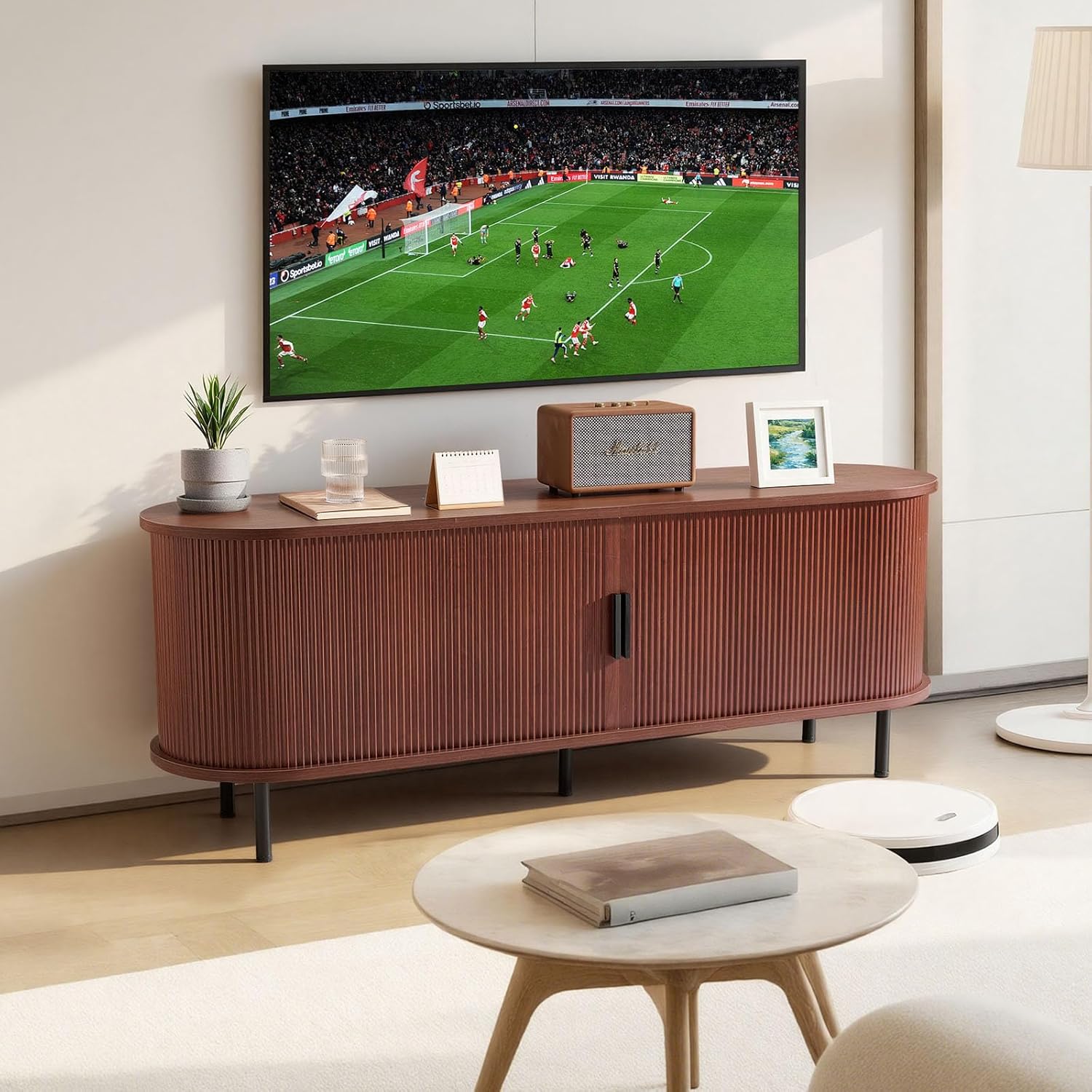VEVOR Fluted TV Stand for TVs up to 65 inch, Mid-Century Modern Entertainment Center, Boho Media Console with Storage Cabinet & Sliding Tambour Door, Television Stand for Living Room, Bedroom, Walnut