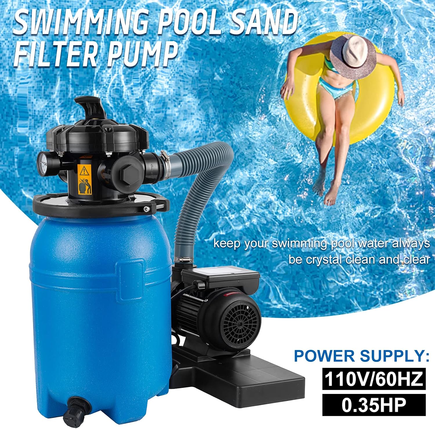 SmarketBuy 10'' Sand Pool Filter System 10000 Gallon Sand Filter with 1/3 HP Above Ground Swimming Pool Pump 6-Way Multi-Port Valve Pool Filter, Black & Blue