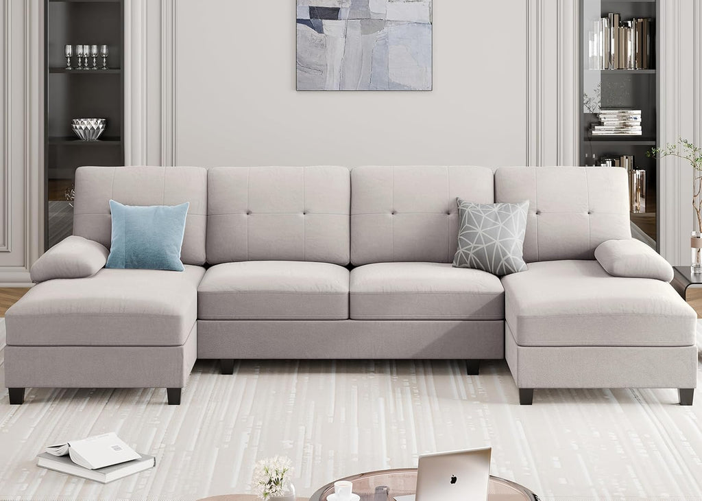 Sectional Couches for Living Room, U Shaped Couch with Linen Fabric, 4 Seat Sofa with Removable Pillows for Apartment and Small Space, White
