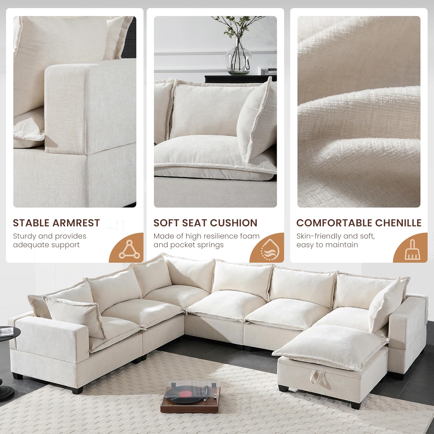Ball & Cast Oversized U Shaped Sectional Couch with Movable Storage Ottoman,7 Seat Chenille Upholstered Sectional Sofa w/9 Pillows,DIY Combination,Wide Seat Couches for Living Room,Office,Beige