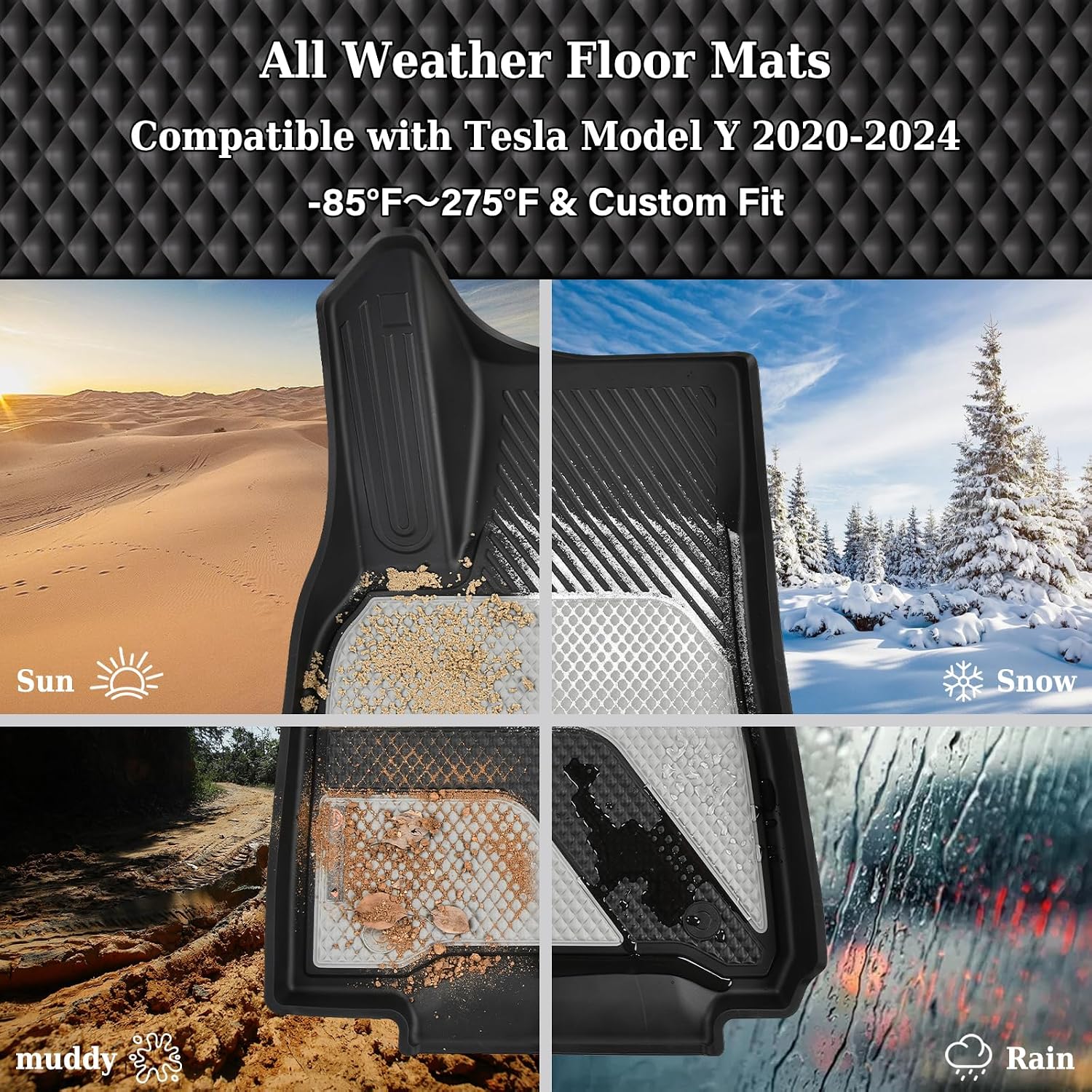 Coverado Floor Mats Full Set, Cargo Liners Compatible with Tesla Model Y 5 Seat 2024 2023 2022 2021 2020, All Weather TPE Cargo Liner Floor Liners, Trunk Floor Mat BlackGray Two-Tone