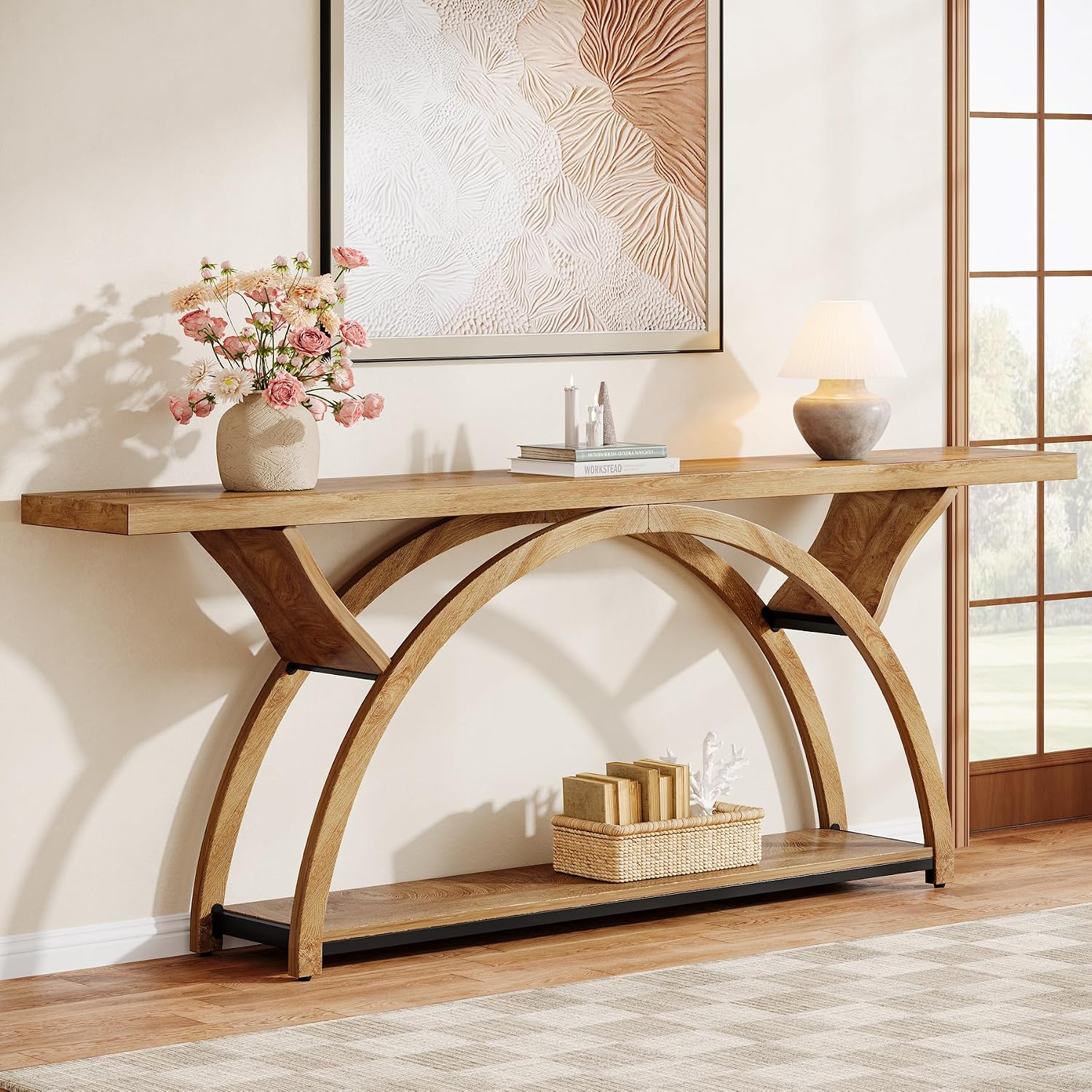 Tribesigns 70.87' Console Table, Industrial Sofa Table Behind Couch with 2 Tiers of Storage Shelves for Living Room, Hallway, Entrance, Foyer (Light Brown)