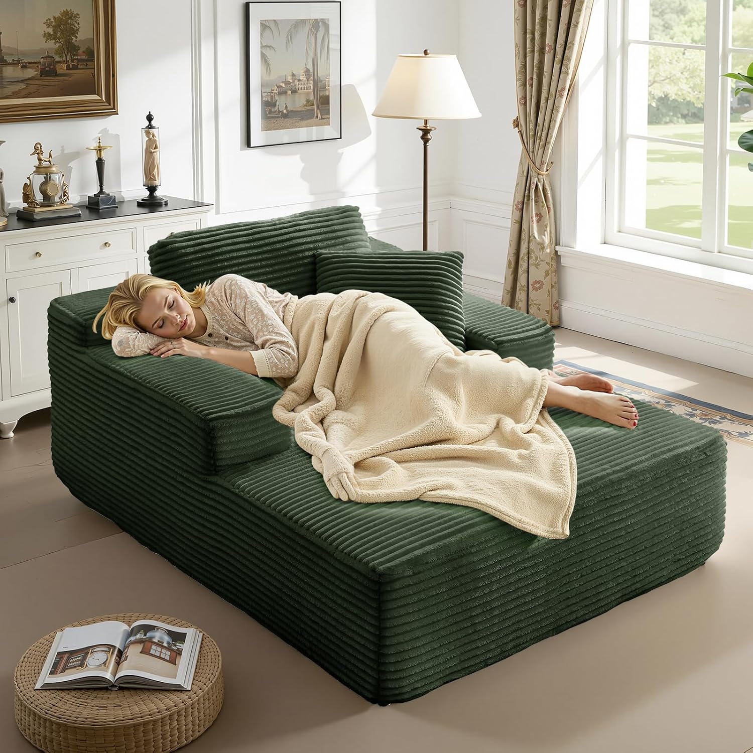 67.5 Inch Oversized Indoor Chaise Lounge, Sofa Bed, Living Room Sofa, Corduroy Sofa, Couches for Living Room, Deep Seat Sleeper Couch Reading Chairs (Green)