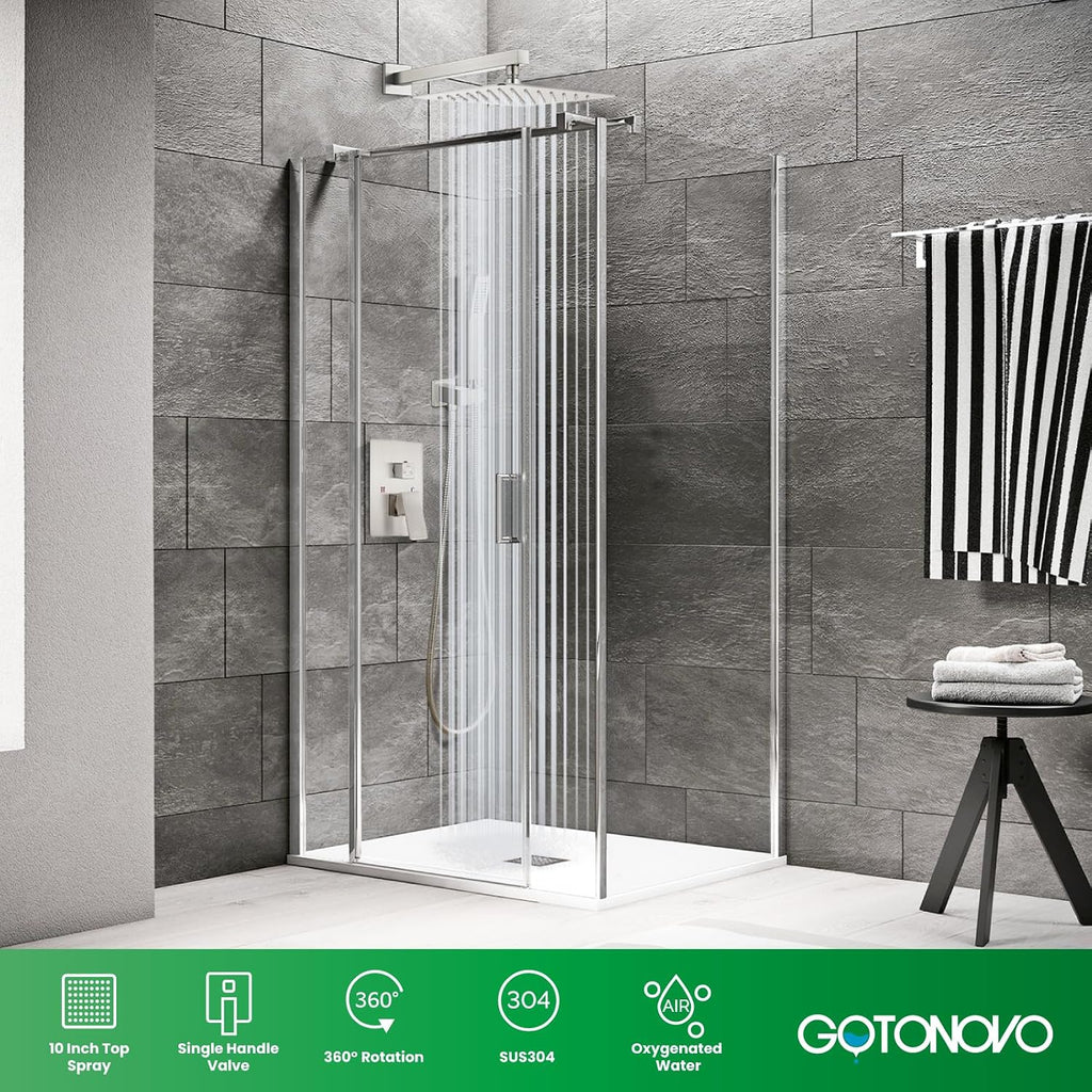 gotonovo Rainfall Bathroom Shower System Rain Shower Head and Handle Set Wall Mounted Shower Complete Combo Solid Brass Pressure Balancing Shower Mixer Valve 10 Inch Brushed Nickel