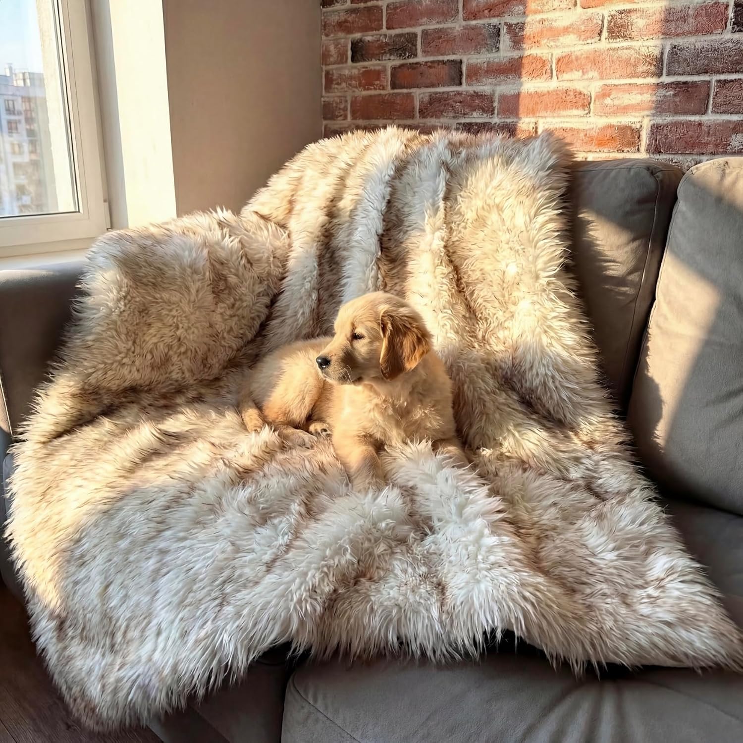IHAPPYDOG Waterproof Faux Fur Dog Blanket – Pet Throw & Couch Protector for Sofa, Bed, Furniture – Plush Pup Cover for Small Medium Large Dogs – Machine Washable – White w/Brown Tips – 80' x 60'