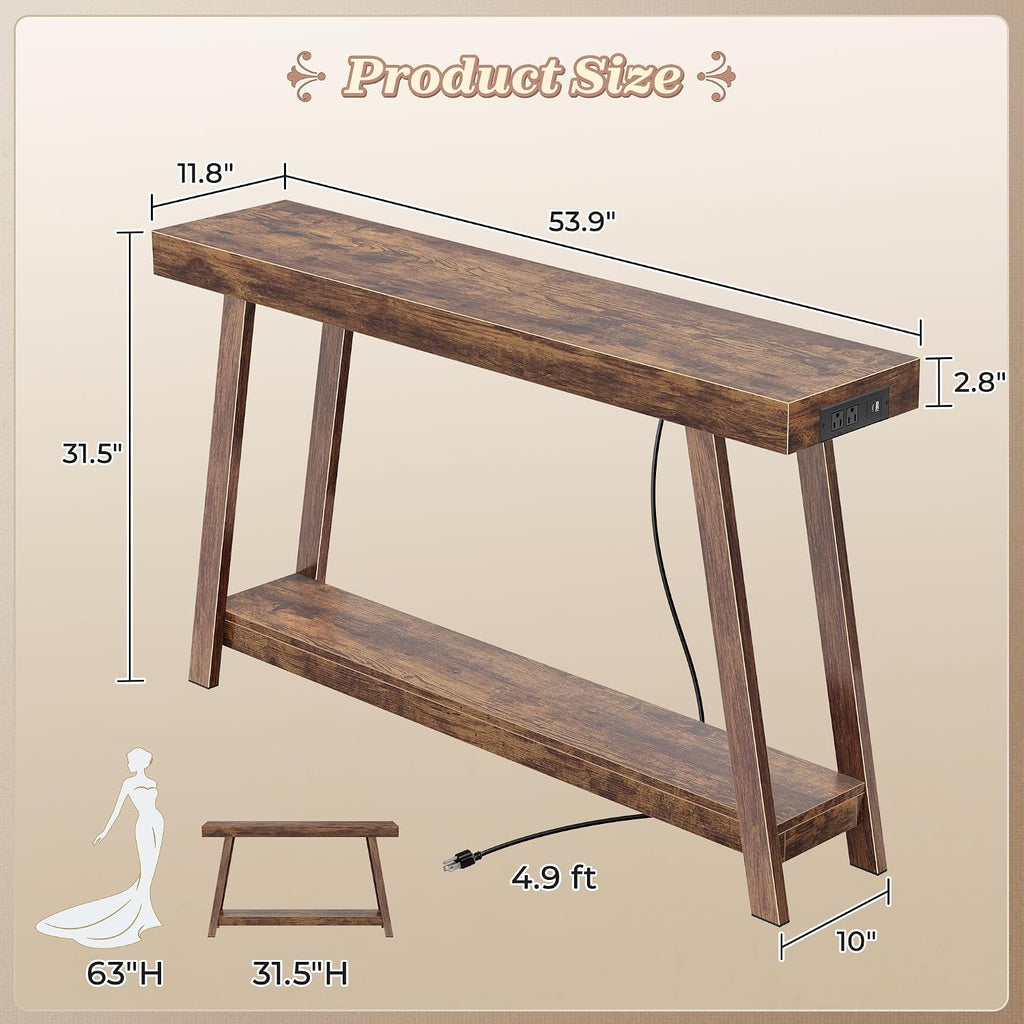 Huuger Console Table with Charging Station, USB-C Port, 2 Tiers Entryway Table, 53.9 Inch Sofa Table with Metal Legs, Entry Hallway Table with Thicker Desktop, Modern Behind Couch Table, Rustic Brown
