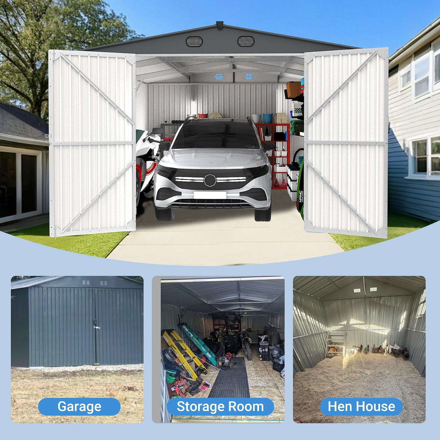 13x20 Ft Outdoor Metal Garage Shed, Extra Large Storage Shed with Double Hinged Doors, Carport for Car, Truck, Bicycle and Garden Equipment, Dark Gray