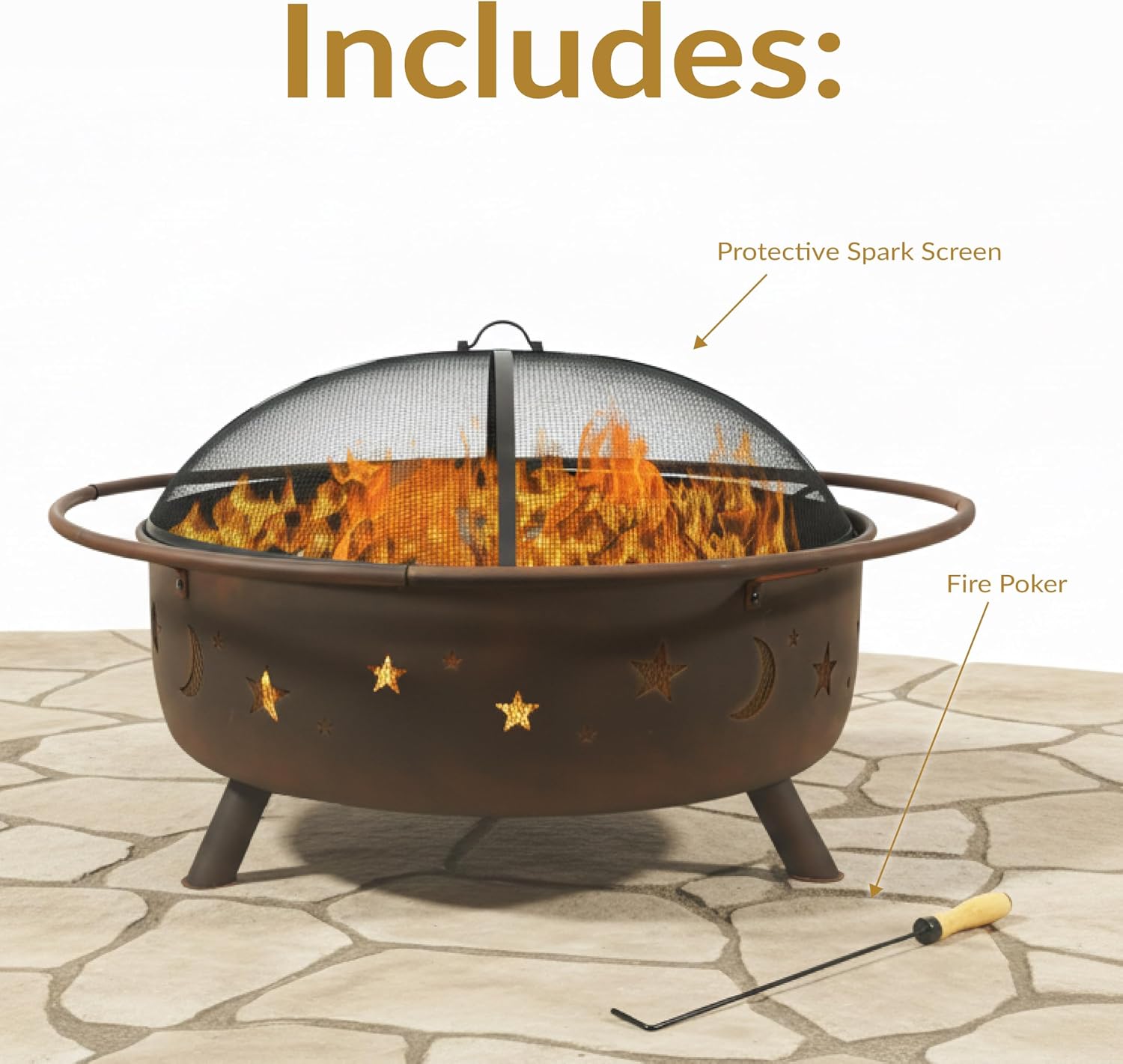 Sunnydaze Large Cosmic Outdoor Fire Pit - Wood-Burning Fire Pit with Round Spark Screen, Poker, and Built-in Grate - 42' - Bronze