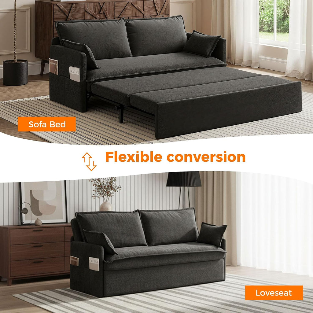 2 in 1 Queen Pull Out Sleeper Sofa Couch Bed-59.5'Convertible Sofabed with USB/C-Type Charging Ports,Chenille Sleeper Sofa with Side Pockets,Futon Couch for Living Room,Bedroom,Small Space,RV, Black