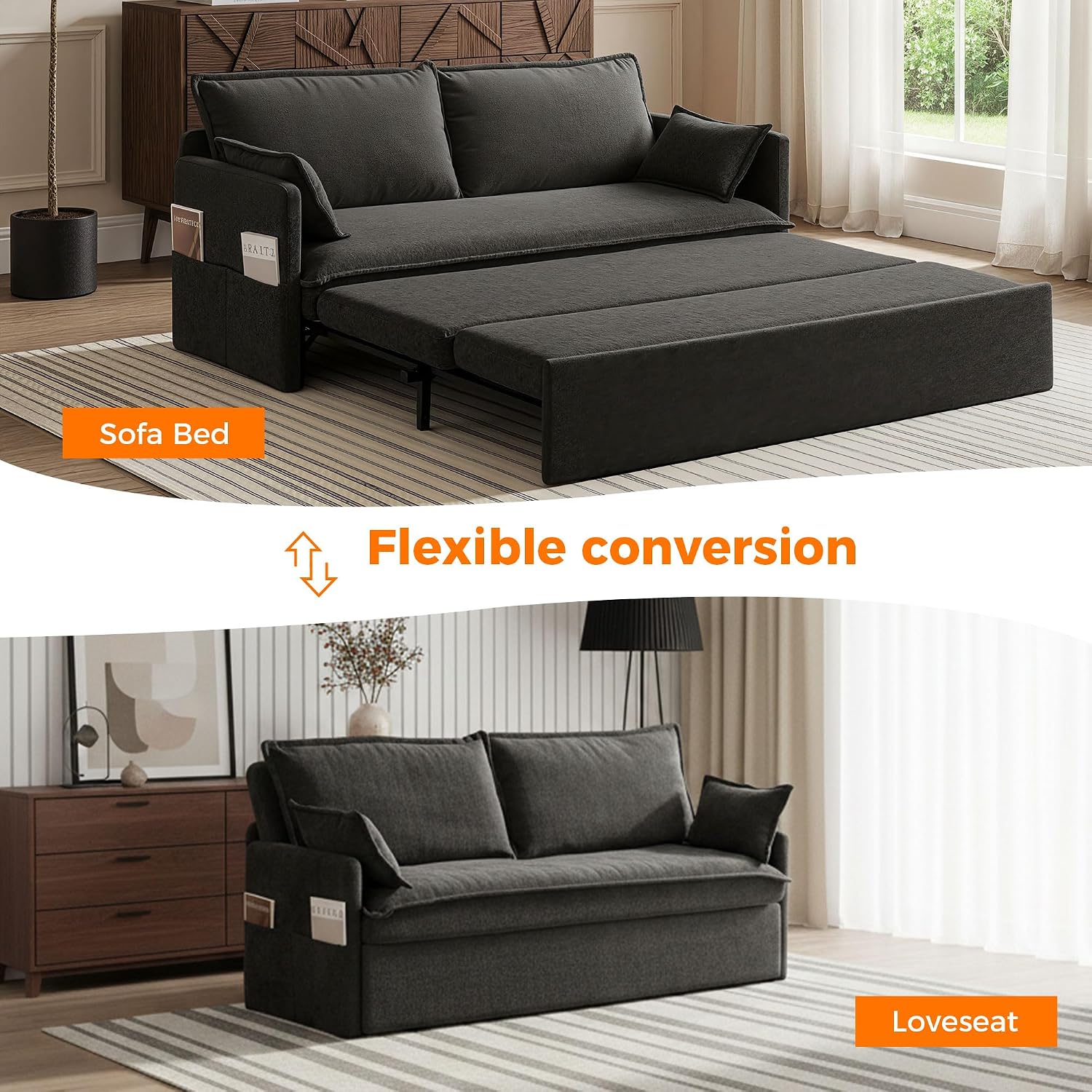 2 in 1 Queen Pull Out Sleeper Sofa Couch Bed-59.5'Convertible Sofabed with USB/C-Type Charging Ports,Chenille Sleeper Sofa with Side Pockets,Futon Couch for Living Room,Bedroom,Small Space,RV, Black