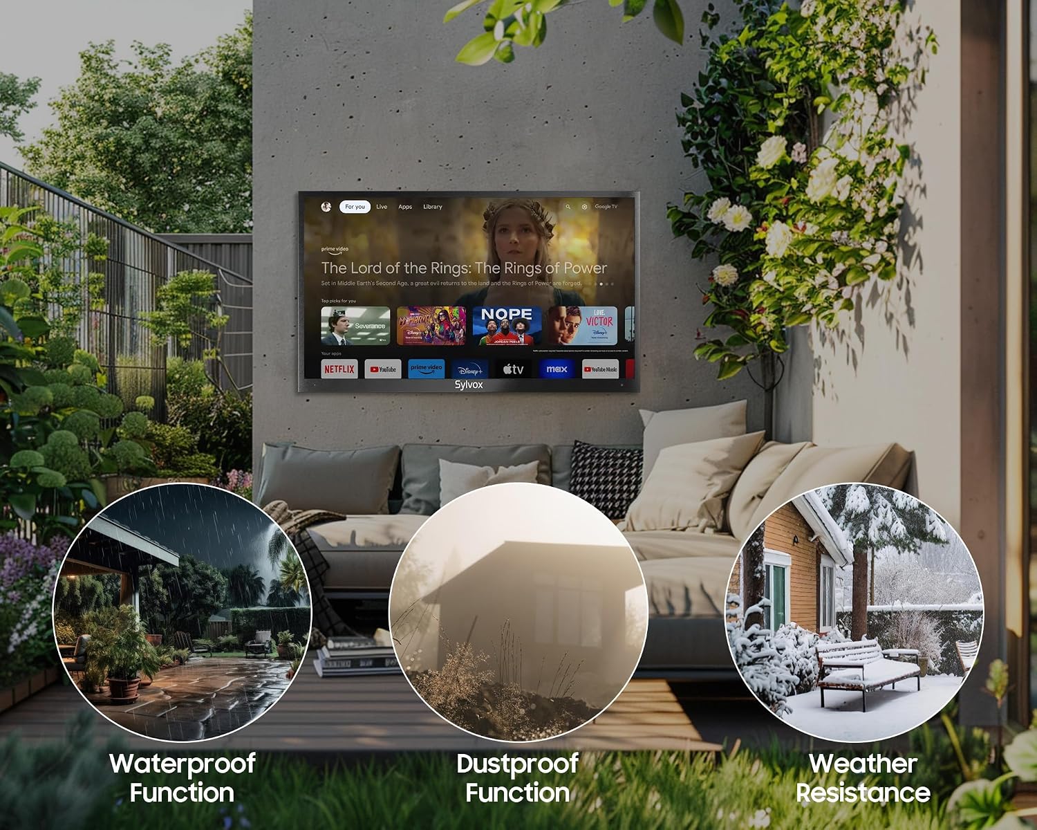 SYLVOX Outdoor TV with Rolling Stand & Soundbar, 55 inch Smart QLED TV, 2000 Nit Full Sun, Weatherproof, 4K UHD, IP56 Waterproof, Commercial Grade (2026 Model)