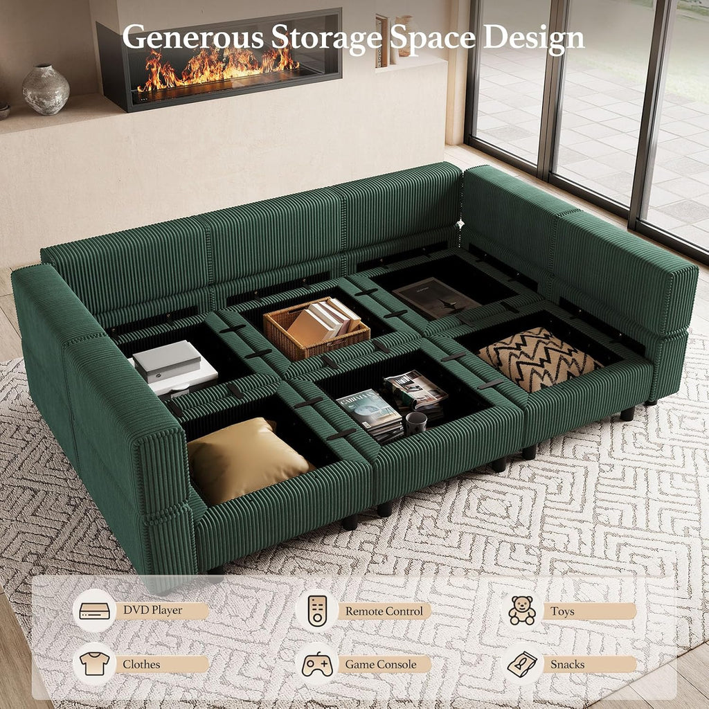 Belffin Modular Sectional Sofa with Deep Storage Seat,Corduroy Sectional Couch 6 Seat Modular Sleeper Sofa Couch,Green