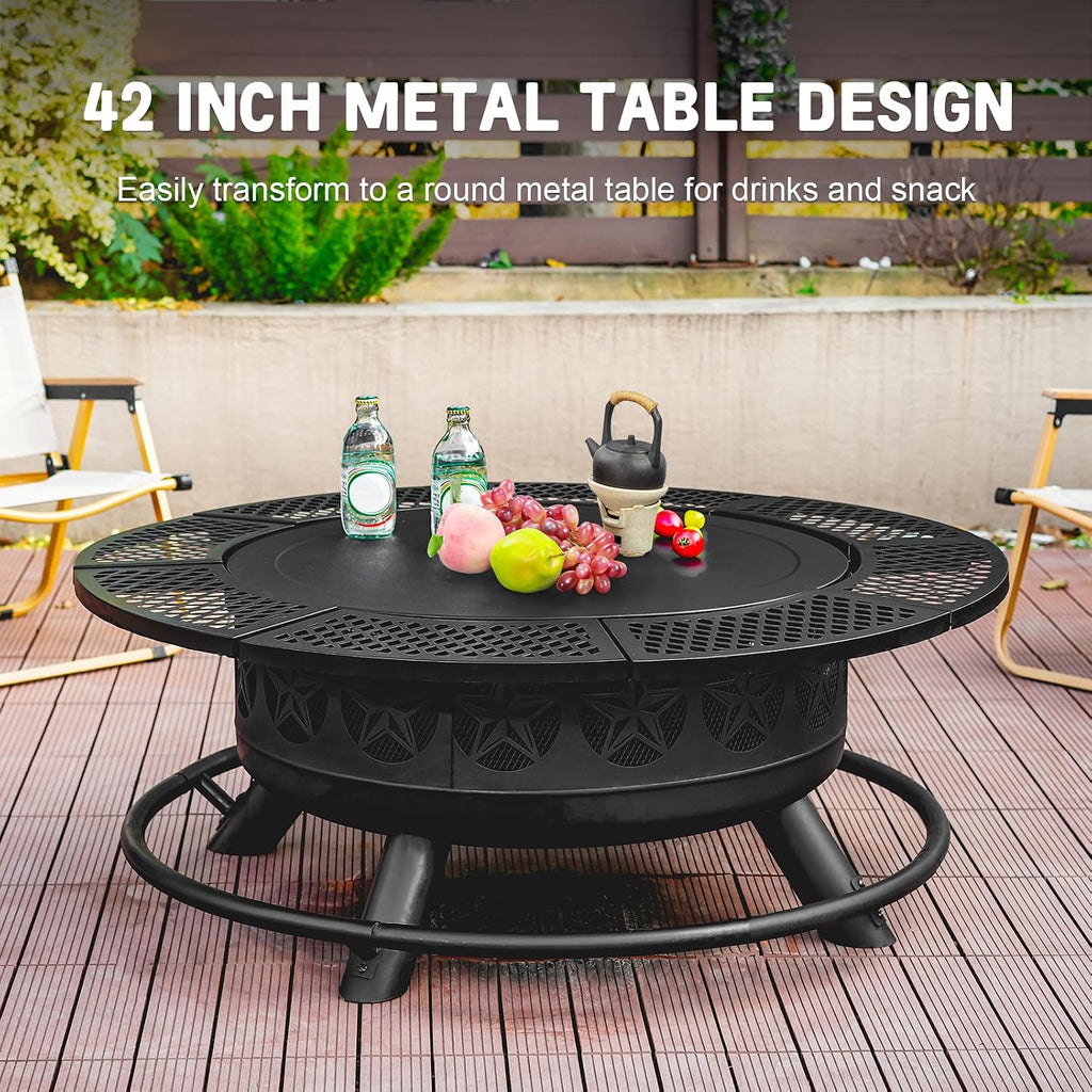 Verdeluxe 42 Inch BBQ Fire Pit with 2 Grills,3-in-1 Outdoor Round Metal Fire Pit Table with Lid,Fire Poker,Large Outdoor Wood Burning Firepits for Outside,Picnic,Bonfire Backyard Patio(Black)