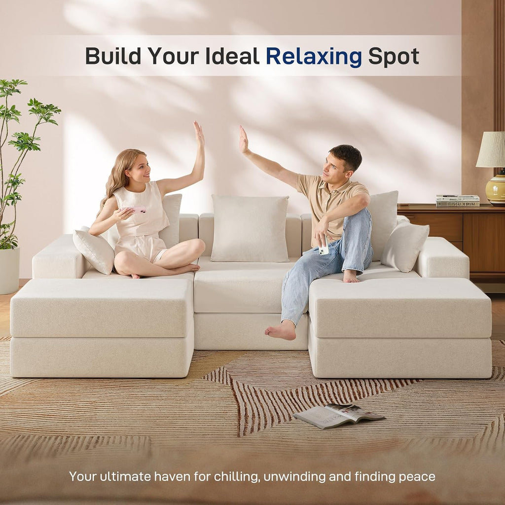 Living&Giving 101' U-Shaped Cloud Sectional Couch for Living Room, Cloud Boneless Couch-No Assembly with Reversible Chaise, Customizable 3-Seat Modular Sectional Sofa with 2 Ottoman, Beige