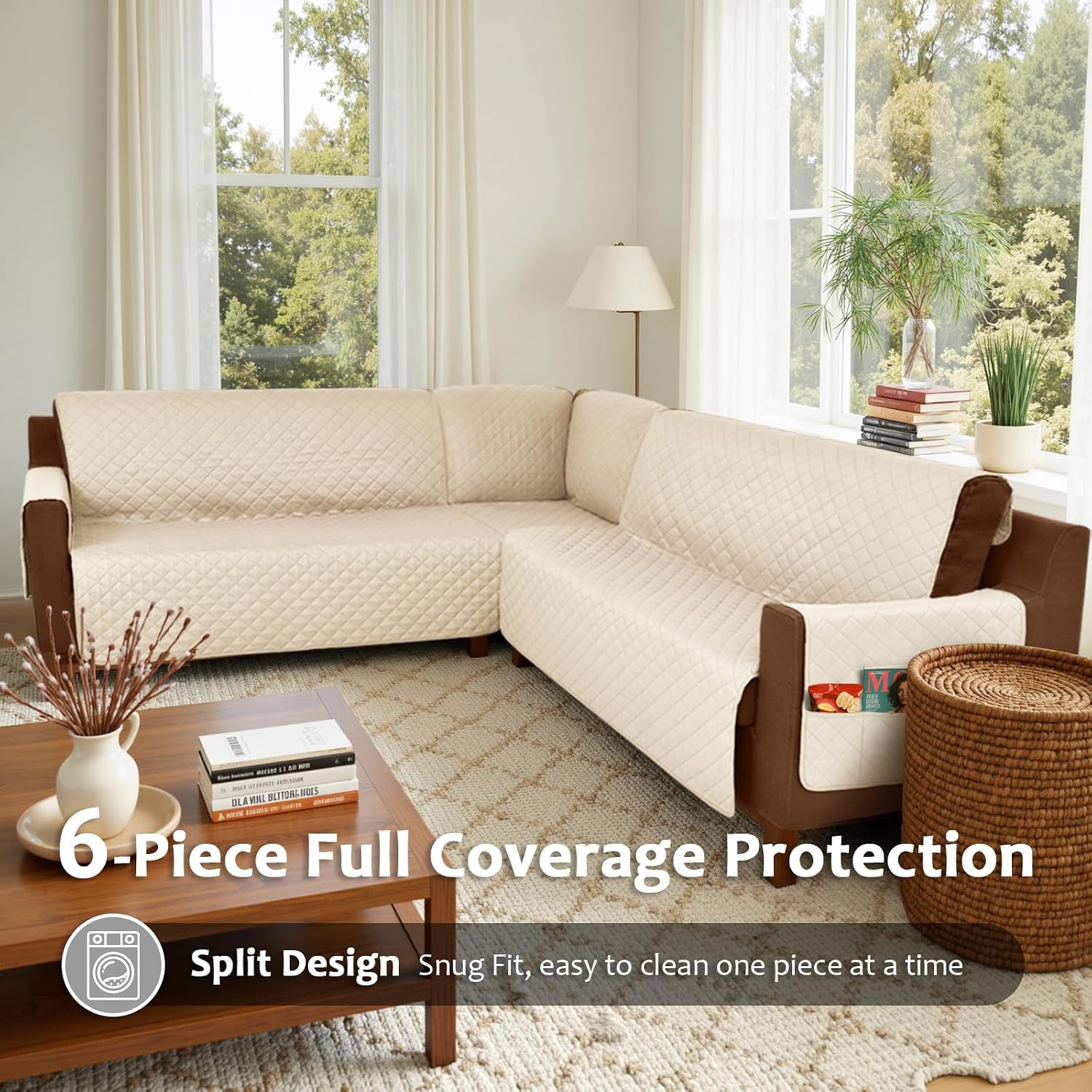 Waterproof Sectional Couch Covers L Shape Sectional Sofa Covers for Pets Washable Non-Slip 6PCS U Shaped Sofa Slipcovers Dog Couch Cover Corner Furniture Protector (Large, Beige)