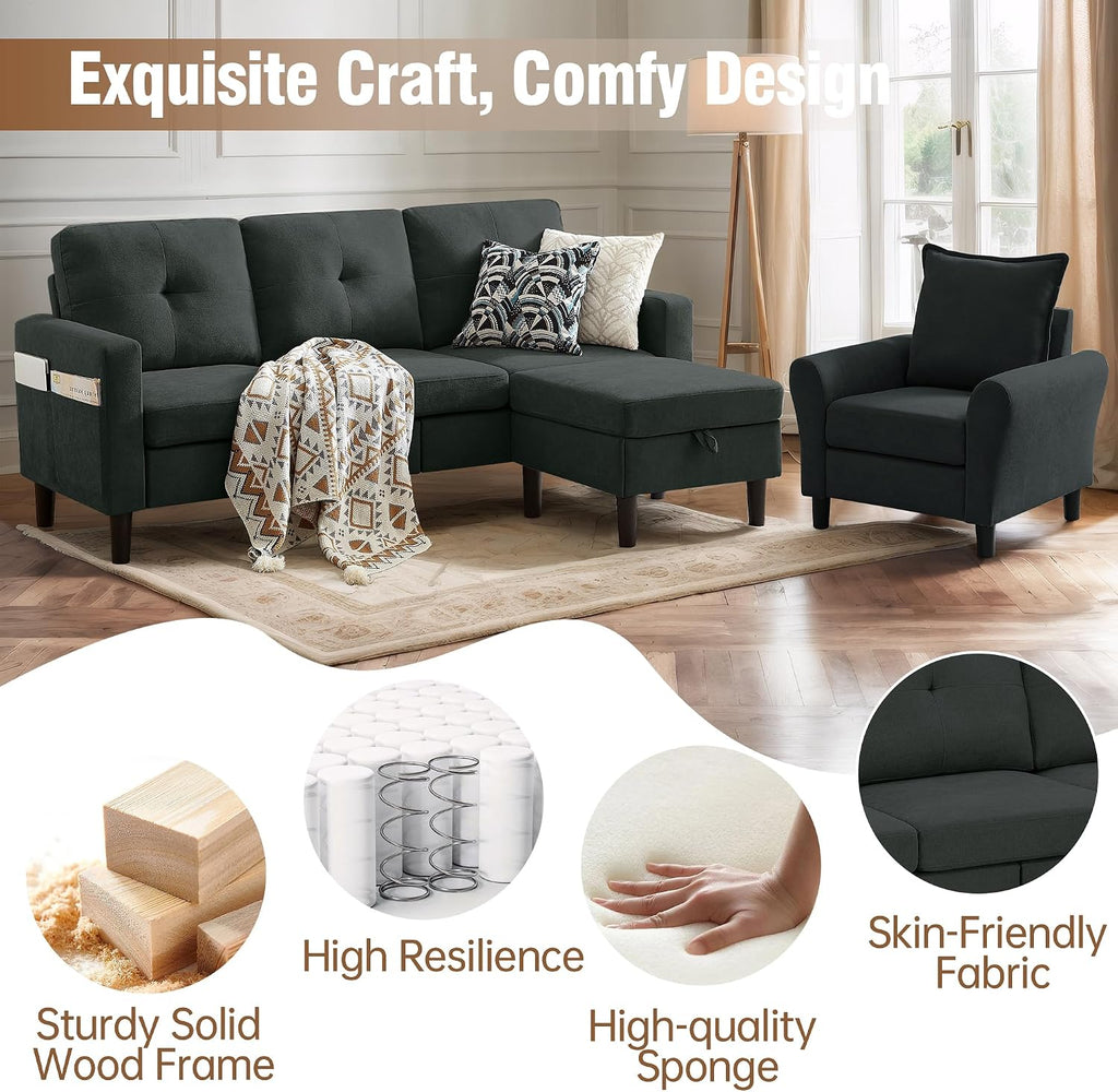 3 Piece Living Room Sofa Sets, Modern 3 Seater Sofa with Storage Ottoman and 2 PSC Armchair Couch Sets, Easy Assembly, Modern 5 Seat Sectional Couches for Living Room, Office,Black