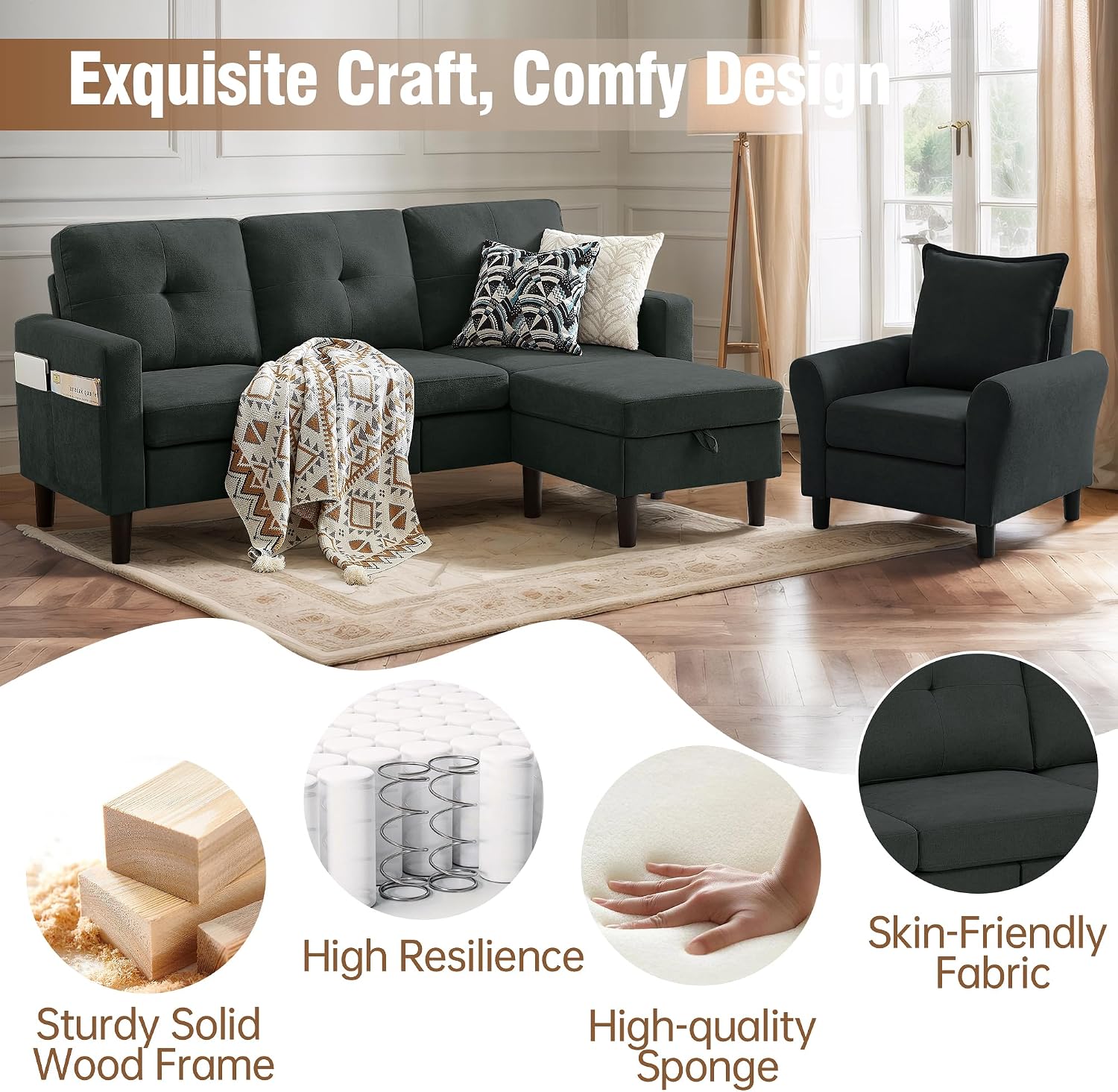 3 Piece Living Room Sofa Sets, Modern 3 Seater Sofa with Storage Ottoman and 2 PSC Armchair Couch Sets, Easy Assembly, Modern 5 Seat Sectional Couches for Living Room, Office,Black