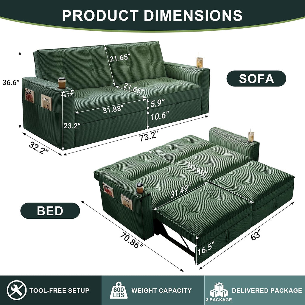 MAKIAAP Sleeper Sofa Bed, Queen Size Sofa Bed, Convertible Pull Out Couch with Adjustable Backrest, USB Port and Side Pockets, Modern 2 Seater Small Couches for Living Room, Space-Saving